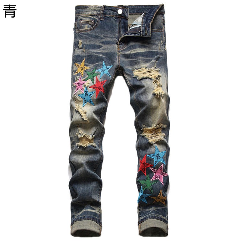 ジーパン デニムパンツ 細見 スキニーパンツ メンズ タイダイ染 ダメージ加工 ボトムス 星柄 大人 ベーシック 立体裁断 かっこいい 個性 hiphop オールシーズン オートバイ トレンド 美脚 レトロ