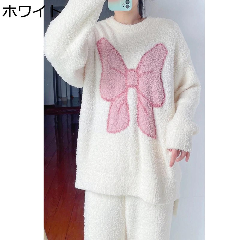 ネルパジャマ リボン 上下セット レディース 秋冬 可愛い 面白い ニット フランネル 薄手 ボアフリース 起毛 プルオーバー ポケット付き 保温 厚手 柔らかい 大きめ 家着 寝間着 ナイトウェア 通気性 吸汗速乾