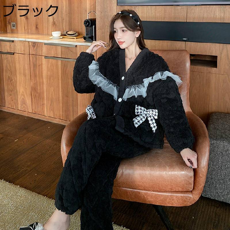 パジャマ フランネル 上下セット レディース リボン ボアフリース フリル 姫系 部屋着 ルームウェア 厚手 もこもこ 便利服 萌え萌え 日常 大きいサイズ 寝間着 ナイトウェア 通気性 肌触り ギフト ブラック