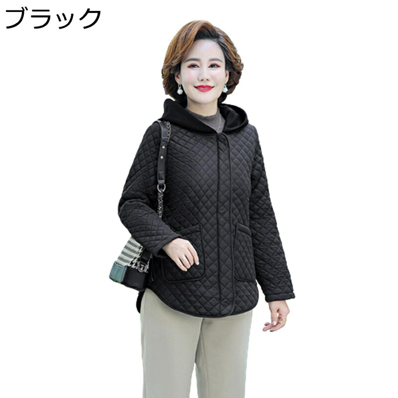 キルティング上衣 レディース 裏起毛 XL-5XL 馬鹿でかい大きさ 中綿上衣 裏ボア ゆったり 心地好い 分かりやすい 無地 成人女性 キルティングアウター ボンネット付き添い人 中綿キルト上衣 厚地の外套 朦々たる 秋 冬 長袖