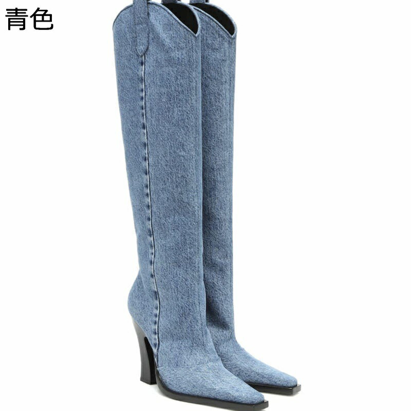 ウェスタンブーツ ロング レディース デ二ム ハイヒール 本革クッション入り スクエアトゥ スクエアヒール 冬 秋 レトロ セクシー 足細 おしゃれ 滑り止め 軽い やわらか 日常着用 欧米風