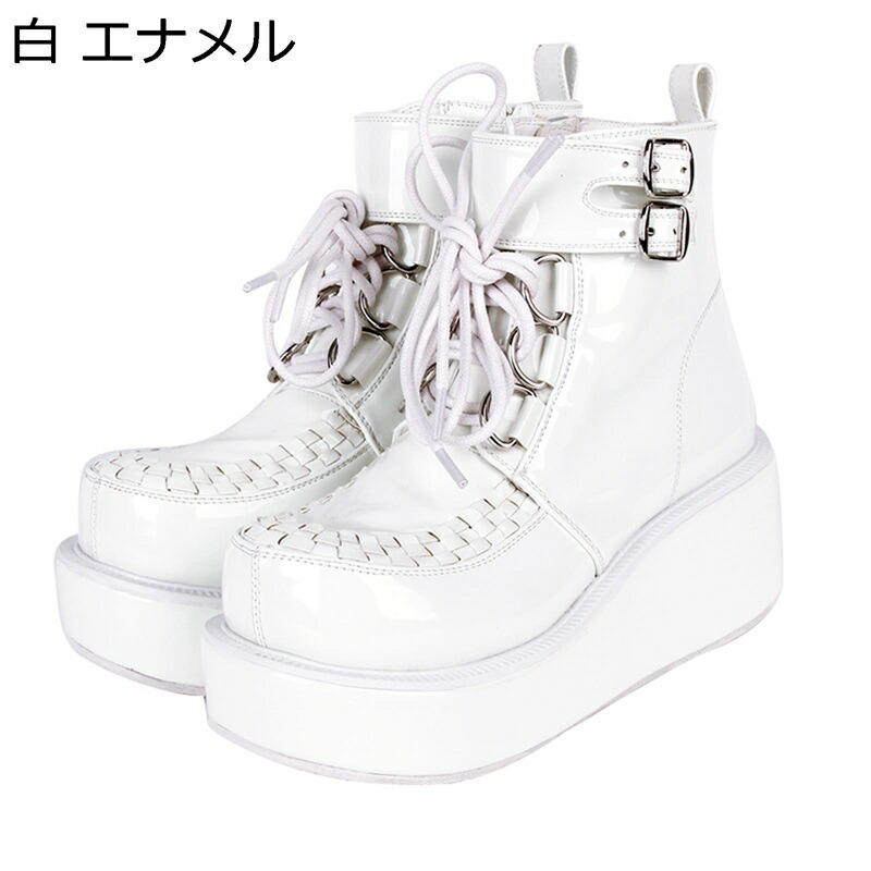 21.5-28.5cm 編み 大きいサイズ レディース ショートブーツ ハイヒール 秋冬 ジッパー 厚底 ウェッジヒール ラウンドトゥ レースアップ 甲ストラップ 身長アップ 原宿 パンク ゴシック 仮装|お米の米道 店