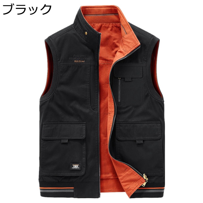 リバーシブル ベスト メンズ アウトドア 両面着 綿 チョッキ 通気性 多機能 軽量 撮影 登山 ポケット多い ノースリーブ アウター ジレ ハイキング フィッシング 釣り 旅行 登山 通勤 大きいサイズ