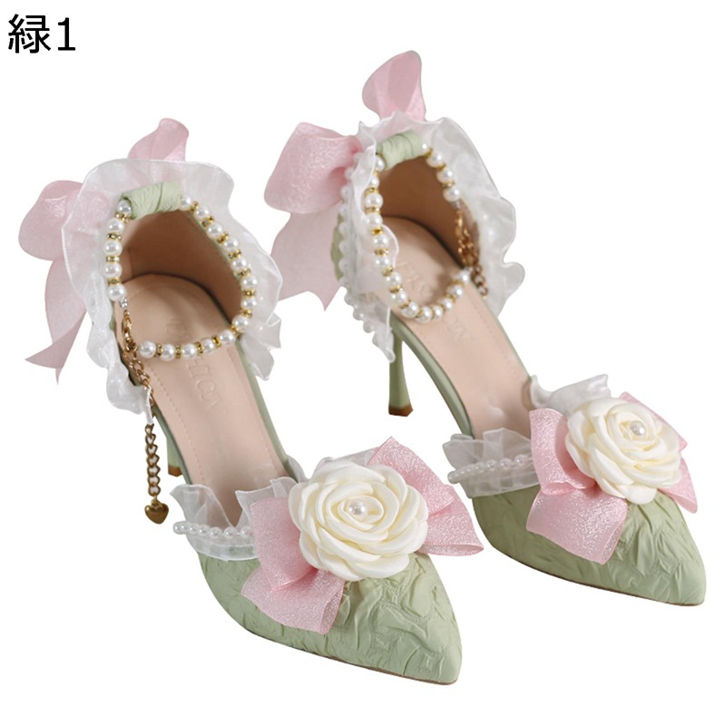 ロリータ靴 lolita パンプス レース 蝶結び リボン ラインストーン 花モチーフ パール 真珠 甲ストラップ ハイヒール レディース ポインテッドトゥ ピンヒール デート 四季通用 花嫁｜お米の米道 店
