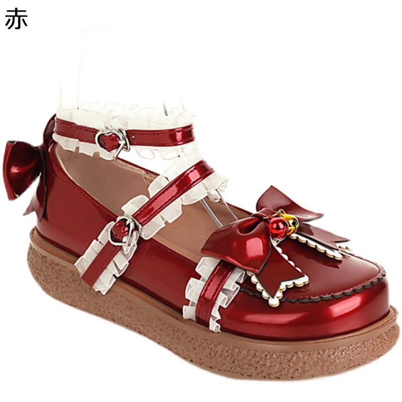 ロリータ靴 小さいサイズ lolita エナメル素材 金属 レース 蝶結び リボン 甲ストラップ フラットシューズ パンプス レディース 大きいサイズ ラウンドトゥ プラットフォーム 四季通用