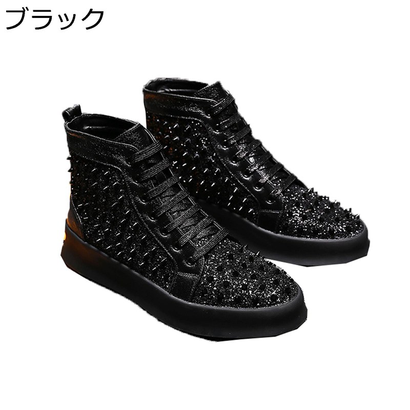 ショートブーツ メンズ リベット インヒール B系 スパンコール ワークブーツ PUレザー 厚底 身長アップ 春夏秋冬 防寒保温 防水 ボア付き スニーカー ハイカット パンク系 個性的 原宿 黒 レッド シルバー