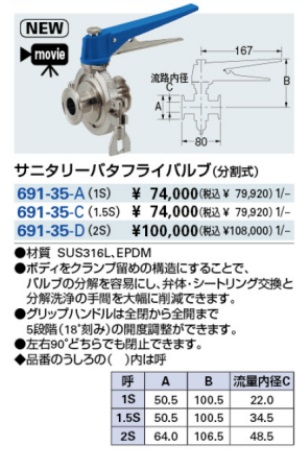 691-35-C：カクダイ サニタリーバタフライバルブ(分割式)1.5S｜その他