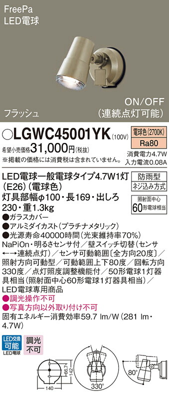 新品即決 パナソニック LGWC45001YK スポットライト 勝手口灯 屋外用 ライト 人感センサー LED 電球色 防雨型 ON OFF型  連続点灯可能 impregnacija5m.rs