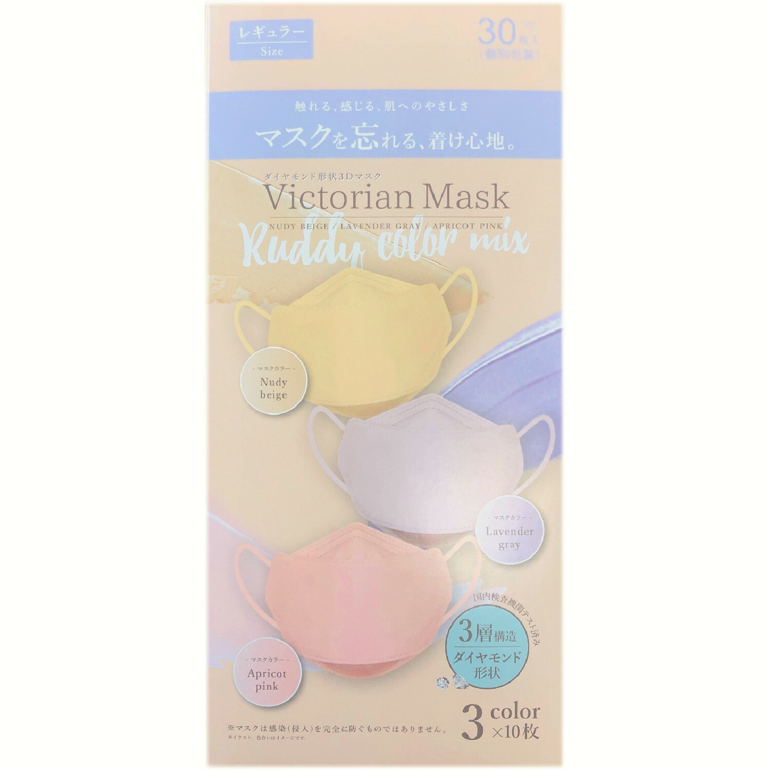 Victorian Mask ヴィクトリアンマスク３色アソート箱クラッシ３０枚（ヌーディベージュ・ラベンダーグレー・アプリコットピンク）マスク レディース メンズ ウイルス 衛生用 抗菌 ますく 耳が痛くならない 無地 やわらか 柔らかい ゆったり 快適
