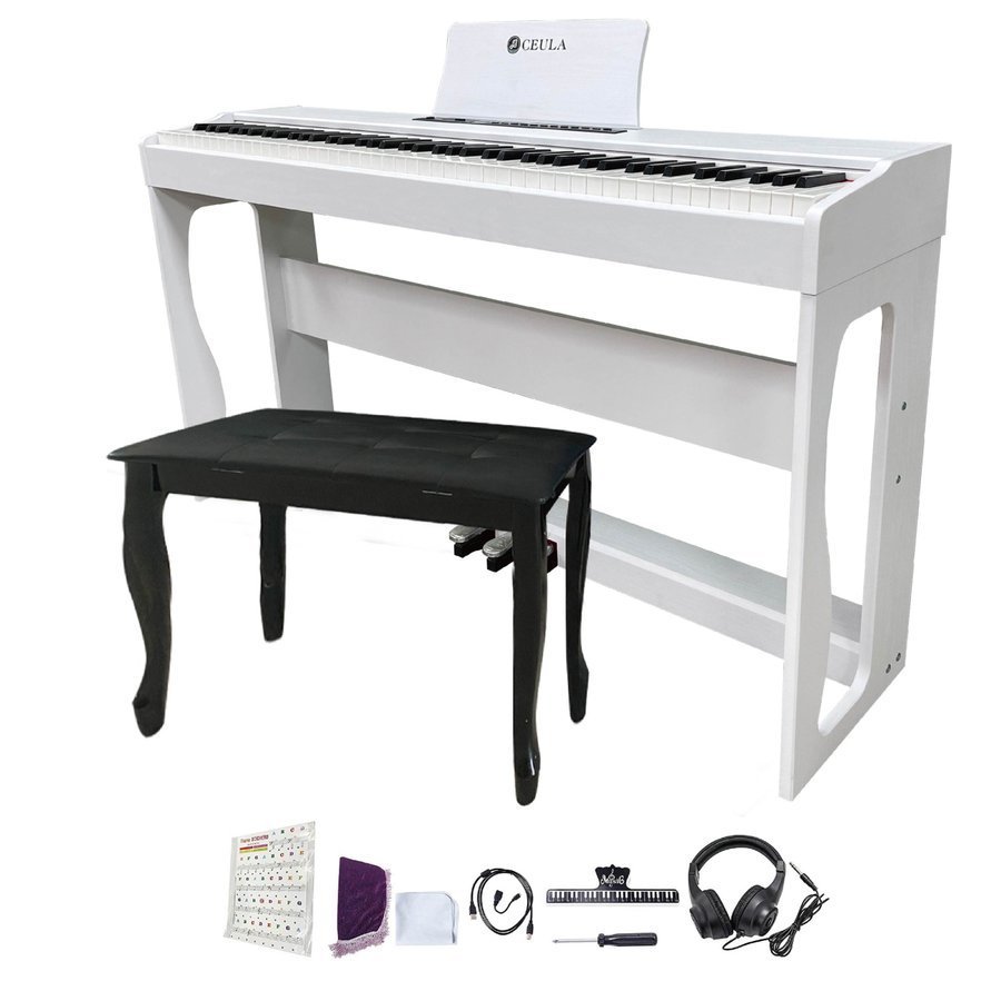 Ceula 電子ピアノ 3本ペダル2人掛けイス 鍵 Midi機能 イス グレードハンマー3鍵盤 ブルートゥース ホワイト ホワイト本体 国産品 鍵