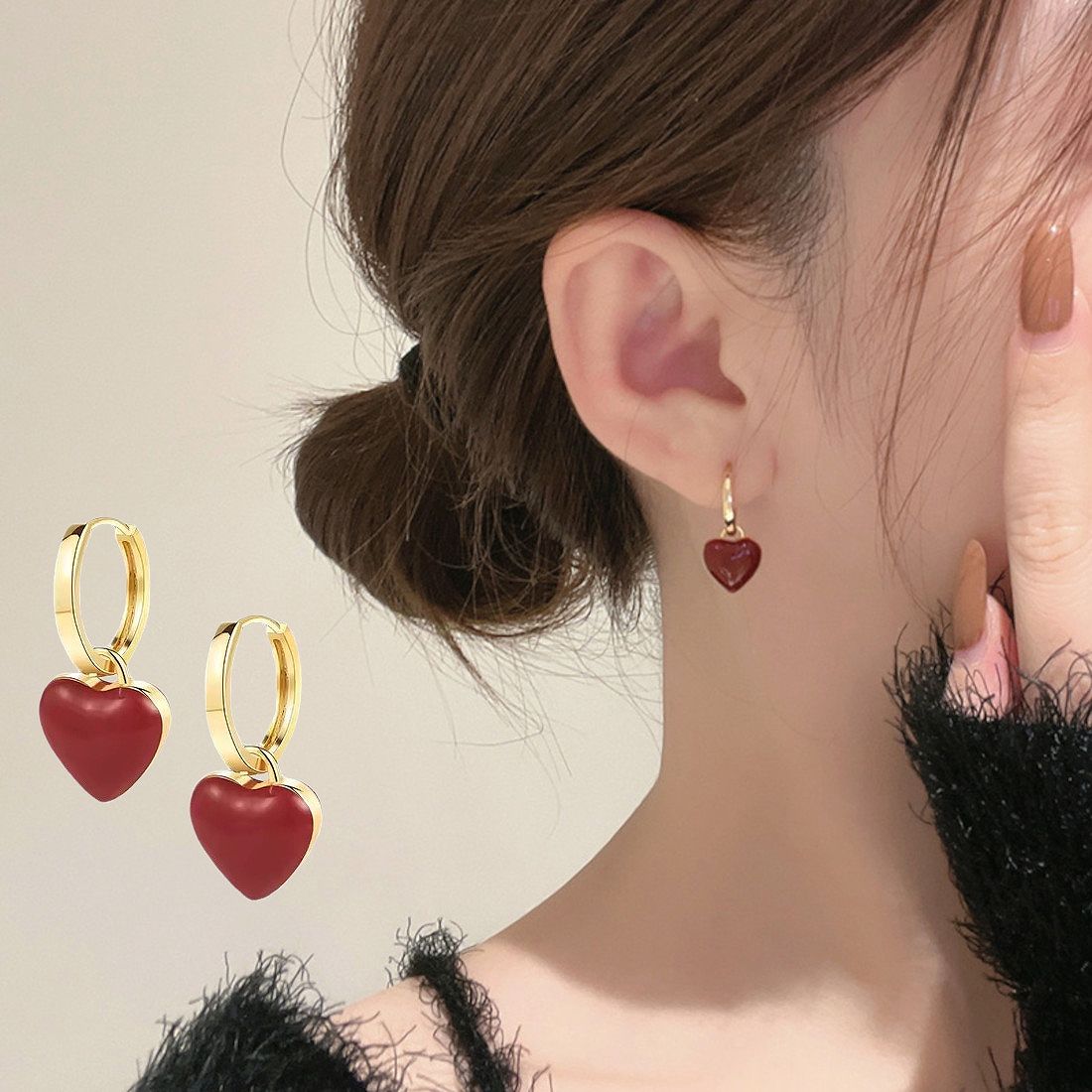 楽天市場】大人のワインレッドハートピアス ハート ぷっくり フープ