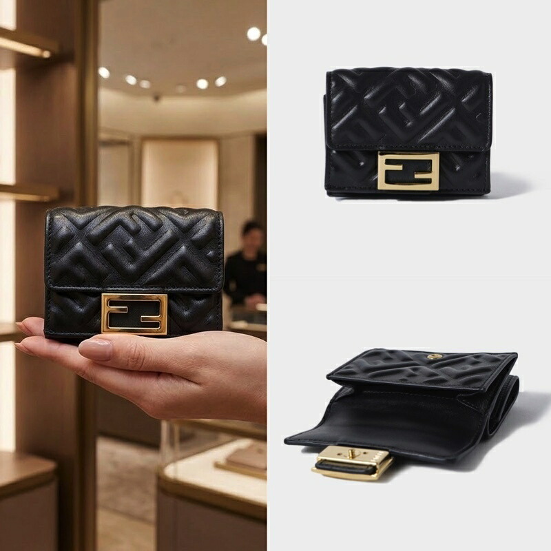 ＊即発能力のある＊ FENDI マイクロ 三つ折りバゲット 金入れ ブラックナッパレザー ウォレット レディース   BAGUETTE WALLET BLACK 貨物輸送関税込み 新品 定め事品 8M0395AAJDF0KUR