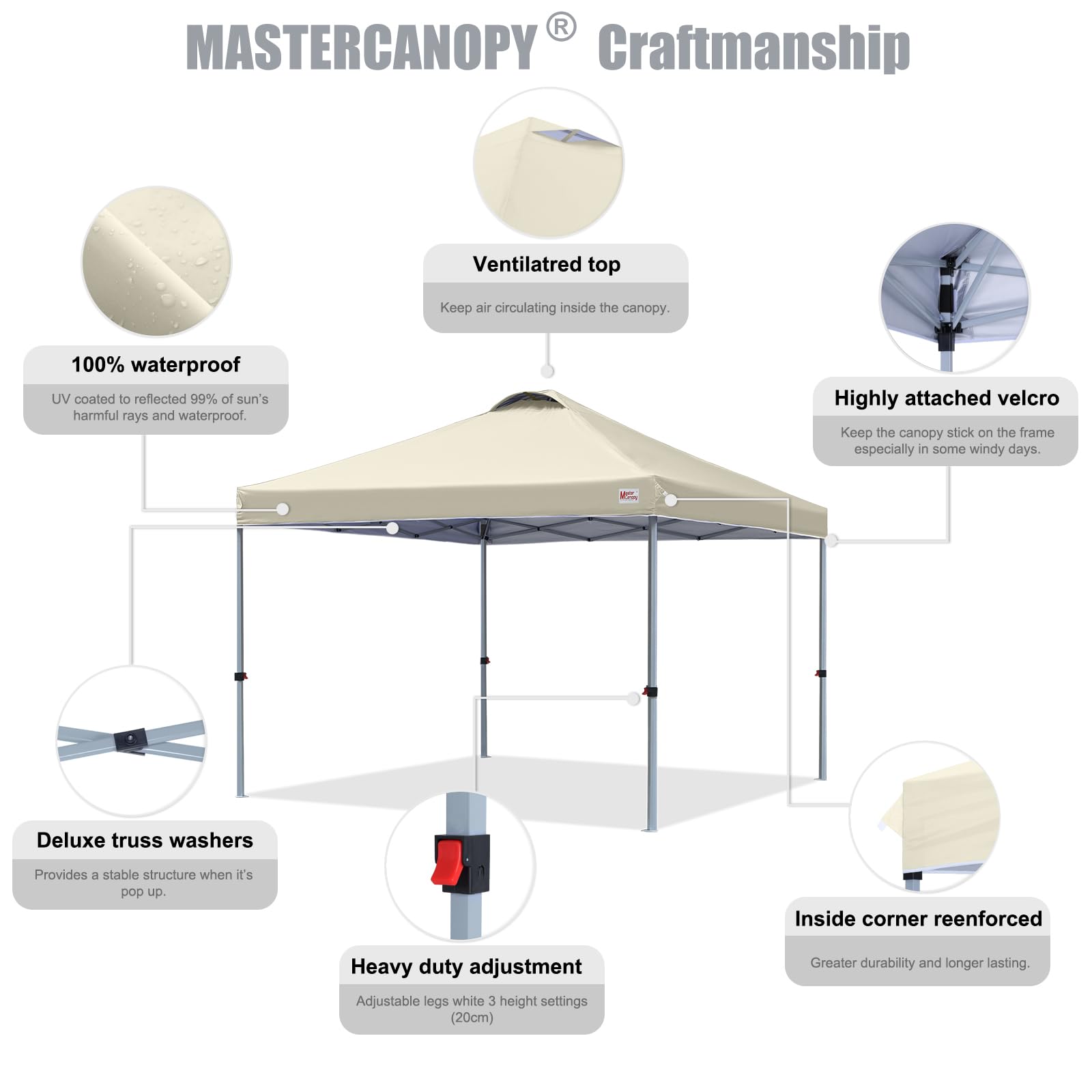 マスターキャノピー（MASTERCANOPY）ワンタッチタープテント 2M/2.5M/3M 三段階調節 スチールフレーム 風抜けベンチレーション 耐水 UVカット サンシェード 日除け 商用 アウトドア用（キャスターバッグ ペグ ロープ ウェイトバッグ付き｜Maison Outre