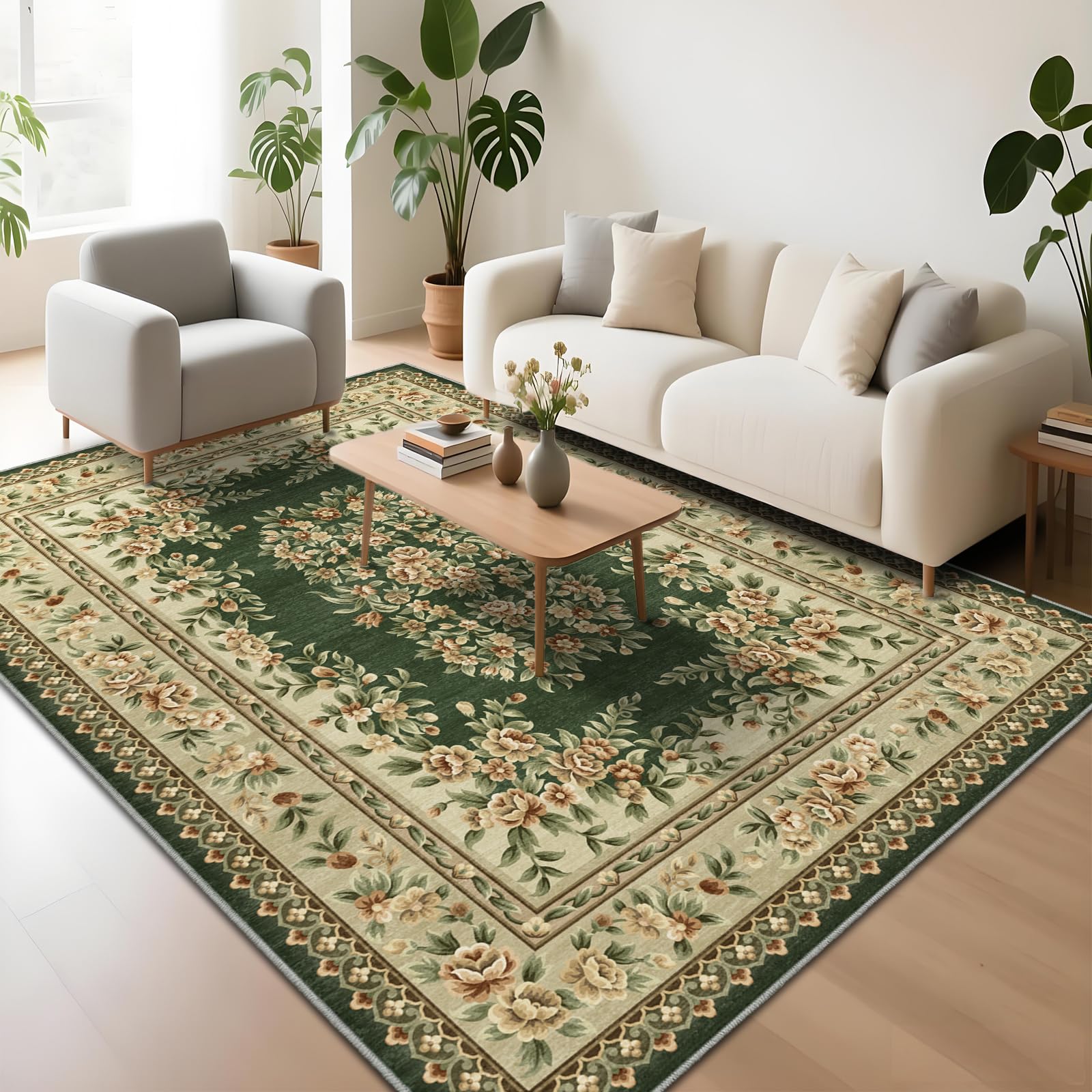 FORTSEA 洗えるラグマット 230×320cm ペルシャ風 グリーン 花柄 滑り止め付き メインフロアラグ リビングラグ 寝室 ダイニング 四季用カーペット|Maison Outre