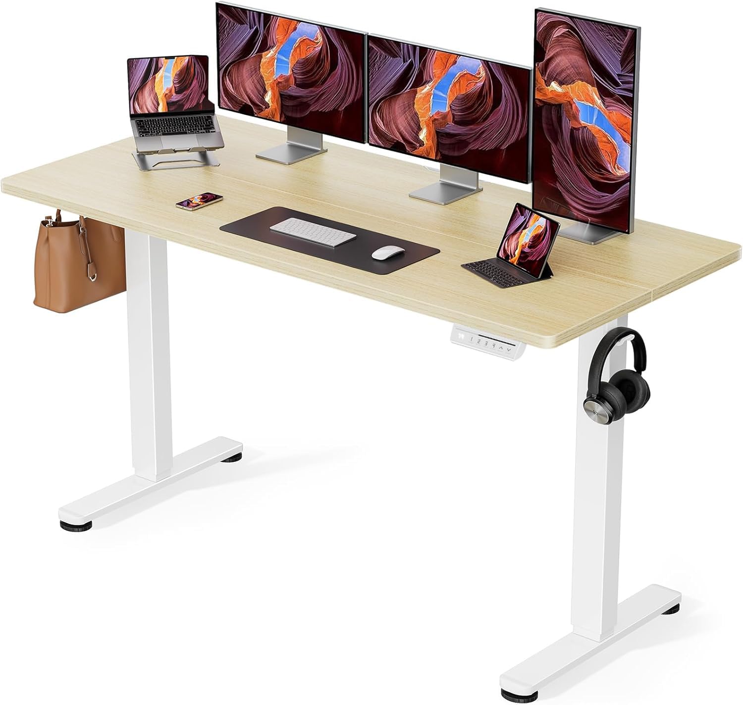ErGear 電動 オフィスワークテーブル 昇降式デスク スタンディングデスク 幅160cm 耐荷重80kg 高さメモリー機能 上下自動昇降 静音 収納フック付き 机 作業机 テレワーク 【幅160 x 奥行き70 x 高さ72-118cm】（ナチュラル木｜Maison Outre