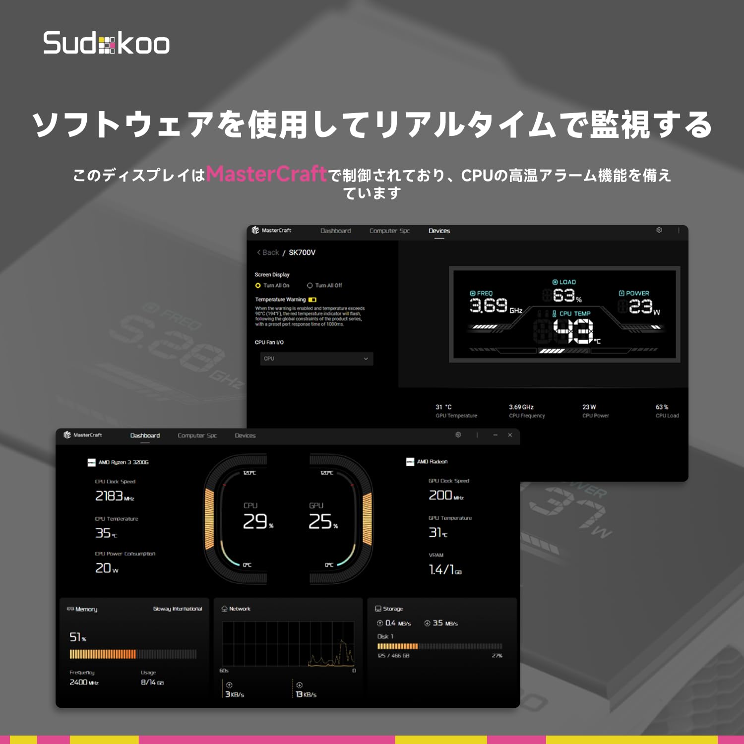 Sudokoo SK700V ホワイト AM5 CPUクーラー：7ヒートパイプ CPUエアクーラー（デジタル表示付き）AM5専用 - シングルタワーPC冷却 120mm FDB PWM静音ファン＆Lレールロックマウント