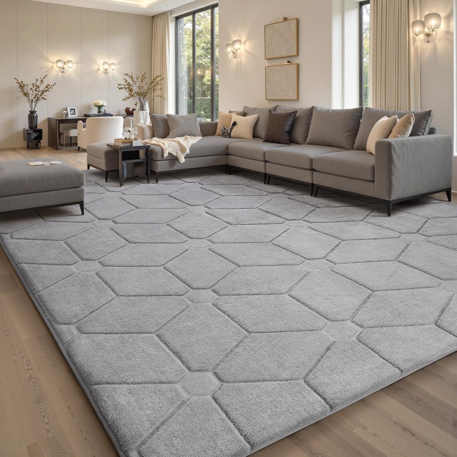 SWEES ラグマット カーペット 275x370cm 約7畳 全厚約2cm 滑り止め付 洗えるラグ 抗菌 3D ラグマット、リビングルーム用特大ラグ、防ダニ さらフワ触感 北欧 おしゃれ 洗濯機洗い可能 滑り止めショートパイルラグ カーペット マット 子|Maison Outre