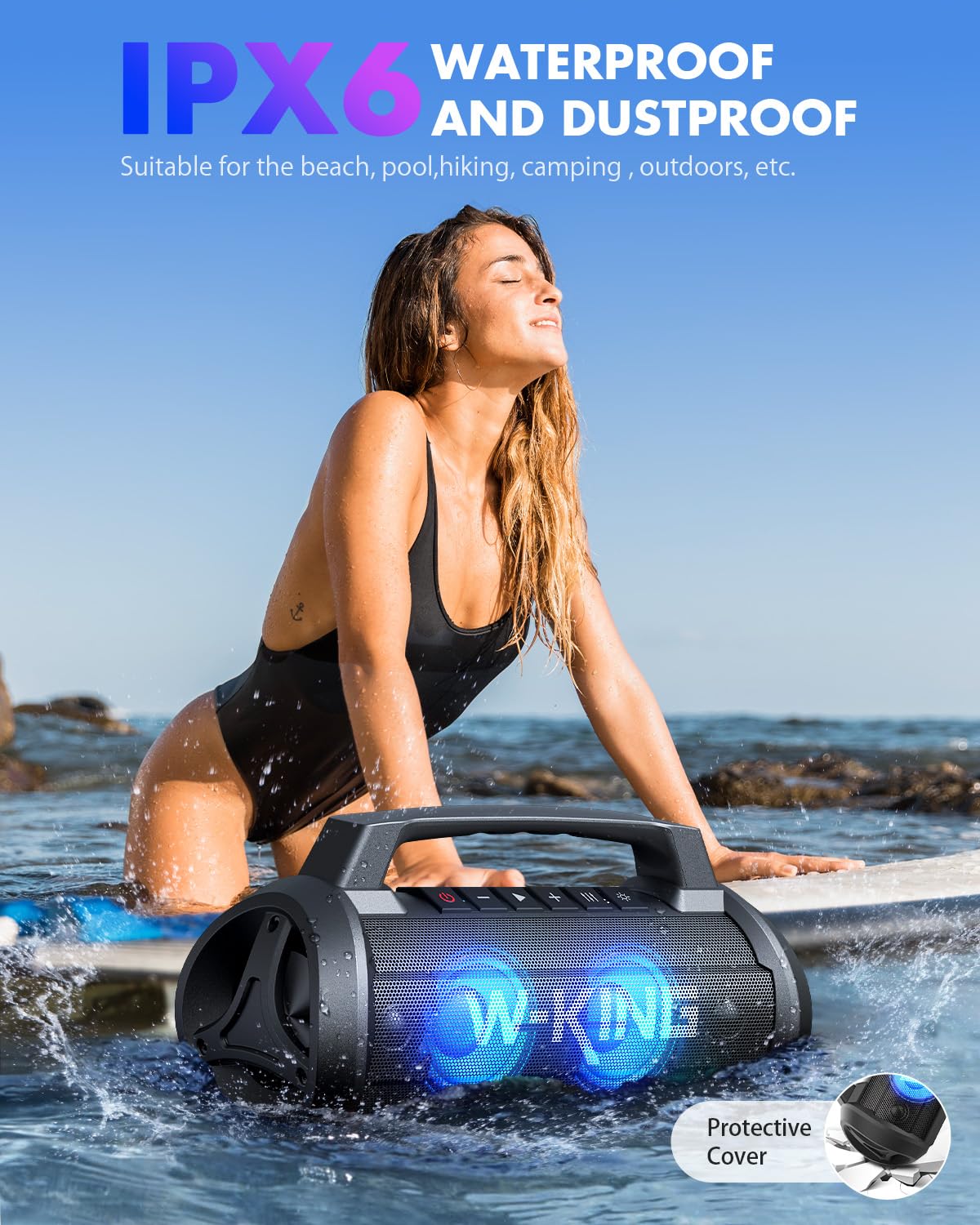 70W(120Wピーク)スピーカー bluetooth、IPX6防水 防塵 ワイヤレス スピーカー 大音量、W-KING ポータブルスピーカー ステレオ【パーティーライト、マイクポート、42時間連続再生、強化された低音(イコライザー)、2台ペアリング/パワ|Maison Outre