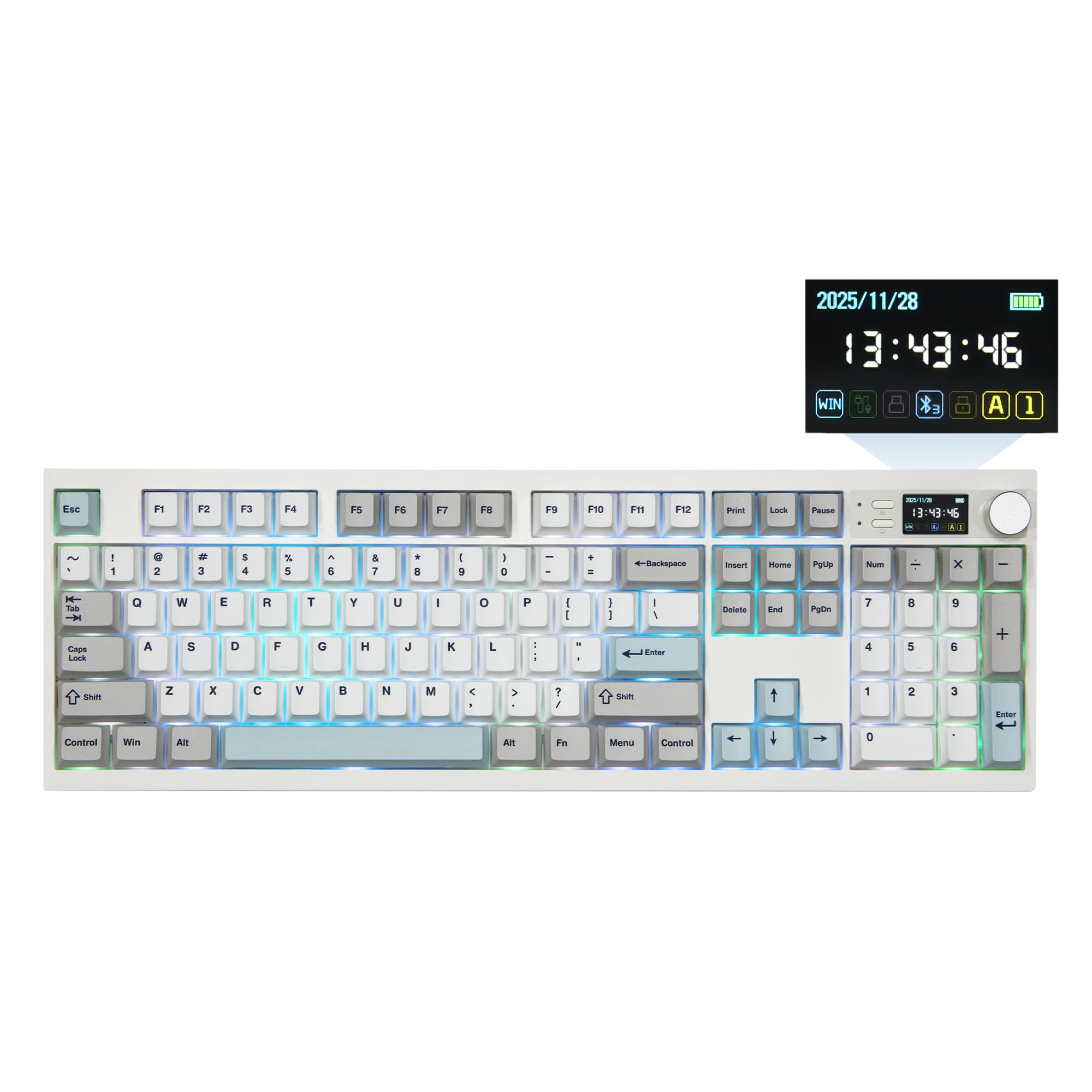 EPOMAKER QK108 フルサイズゲーミングキーボード 画面 ノブ付き ワイヤレス 8000mA QMK/VIA対応 クリーミー コトコト ガスケット構造 RGBバックライト ホットスワップ Macキーキャップ 2.4Ghz BT ワイヤレスメカニカ