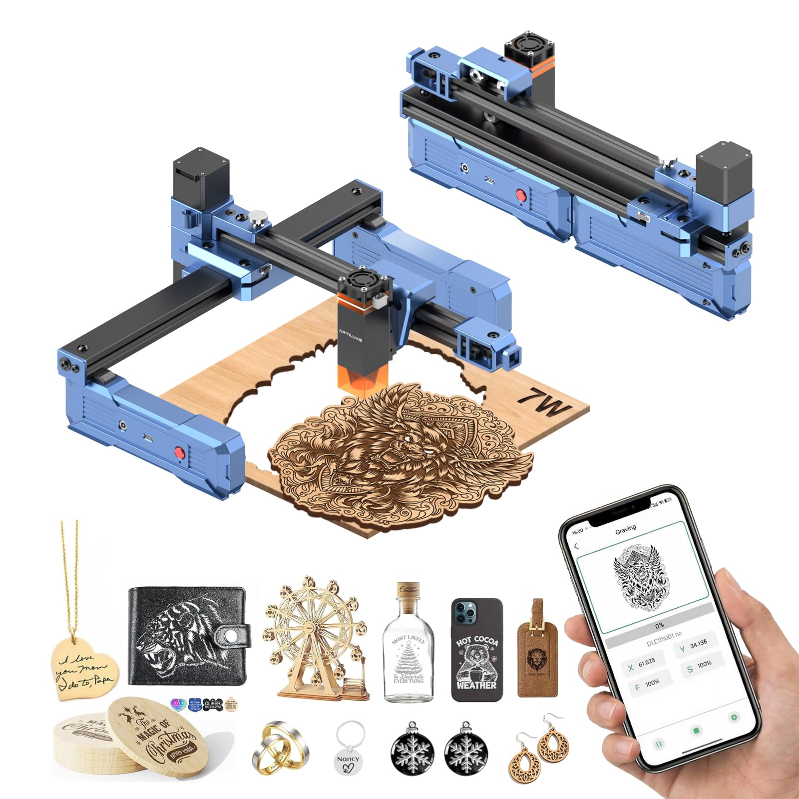 Artilume T1 レーザー彫刻機 7000mW アプリ制御 ポータブルで折りたたみ可能なレーザー彫刻機とカッター機、0.01mmの精度、木材、革、アクリル用の広い作業領域150&times;200mm、初心者や中小企業に最適｜Maison Outre
