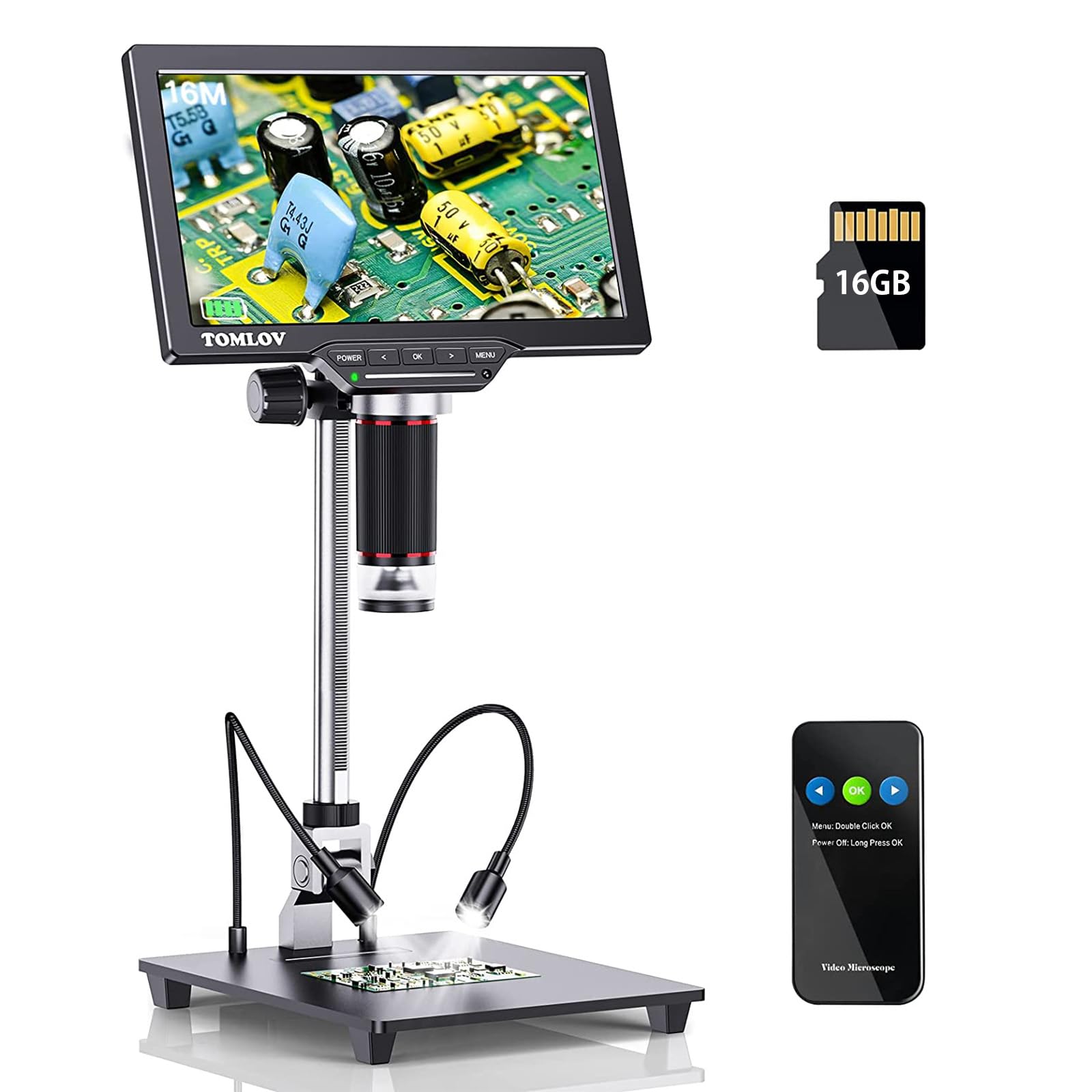 デジタル コイン顕微鏡 TOMLOV MAX1300倍率 7インチ HDMI 液晶 ビデオ顕微鏡 8 LEDライト10インチ昇降スタンド PC接続可能 USBマイクロスコープWindows/Mac OS/TV対応 1200X 16GBカード 16MP 回路|Maison Outre