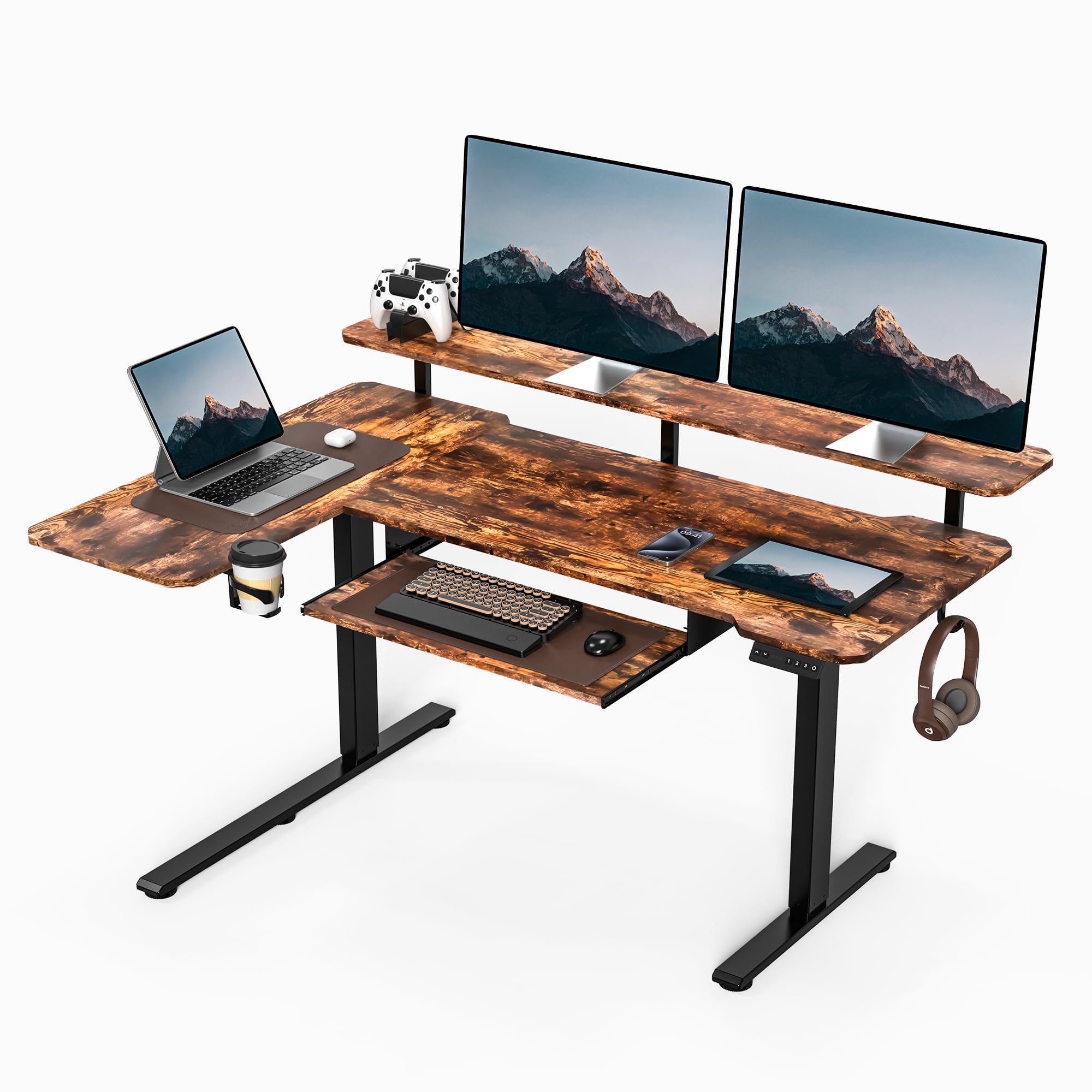 Acrolix電動 l字昇降式デスク モニター棚 ゲーミングデスク スタンディングデスク 配線整理 モニタースタンド 幅150cm 奥行100cm 高さ調節 メモリ機能 一人暮らし テレワークオフィスワークテーブル テレワーク 在宅ワーク スタンドアップテ|Maison Outre
