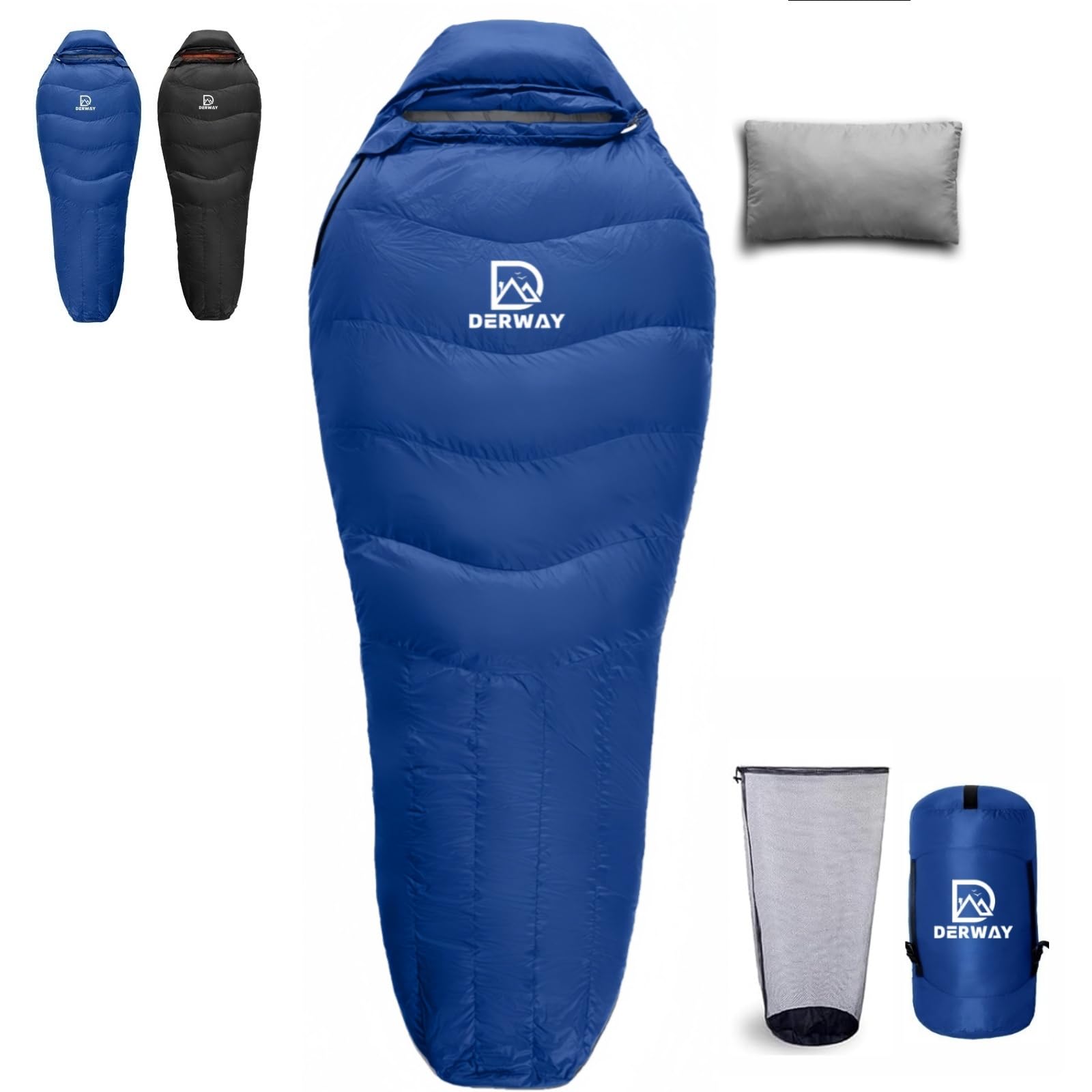 DERWAY ダウン寝袋付属枕付き（220*85 cm）ワイド シュラフ ダウン 680FP 充絨量 -15℃~3℃ 付属枕付き 超軽量 コンパクト 収納袋付き キャンプ 登山 車中泊 防災 アウトドア 非常用 (ブルー, 羽毛量800g)