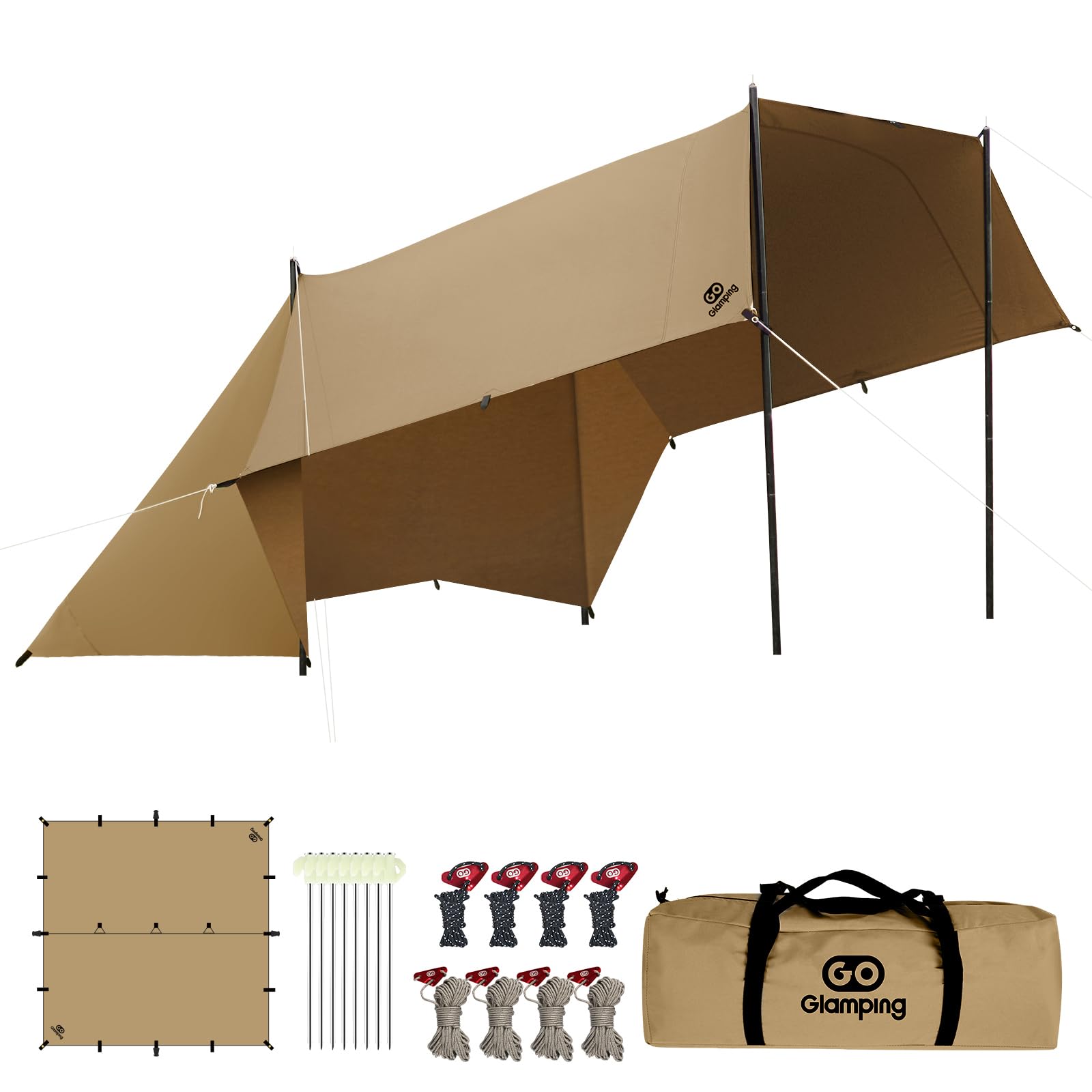 GOGlamping HENGEN+スクエアタープTC 正方形タープ ポリコットン 焚き火可 【19箇所ループ・特殊防水テープ付き】500mm耐水圧 撥水加工 遮光/遮熱/難燃 ソロキャンプ 軽量 コンパクト キャンプ アウトドア (ベージュ（4m）)