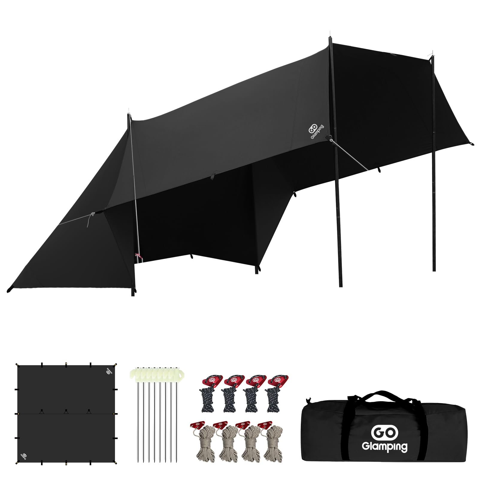 GOGlamping HENGEN+スクエアタープTC 正方形タープ ポリコットン 焚き火可 【19箇所ループ・特殊防水テープ付き】500mm耐水圧 撥水加工 遮光/遮熱/難燃 ソロキャンプ 軽量 コンパクト キャンプ アウトドア (Black（4ｍ）)