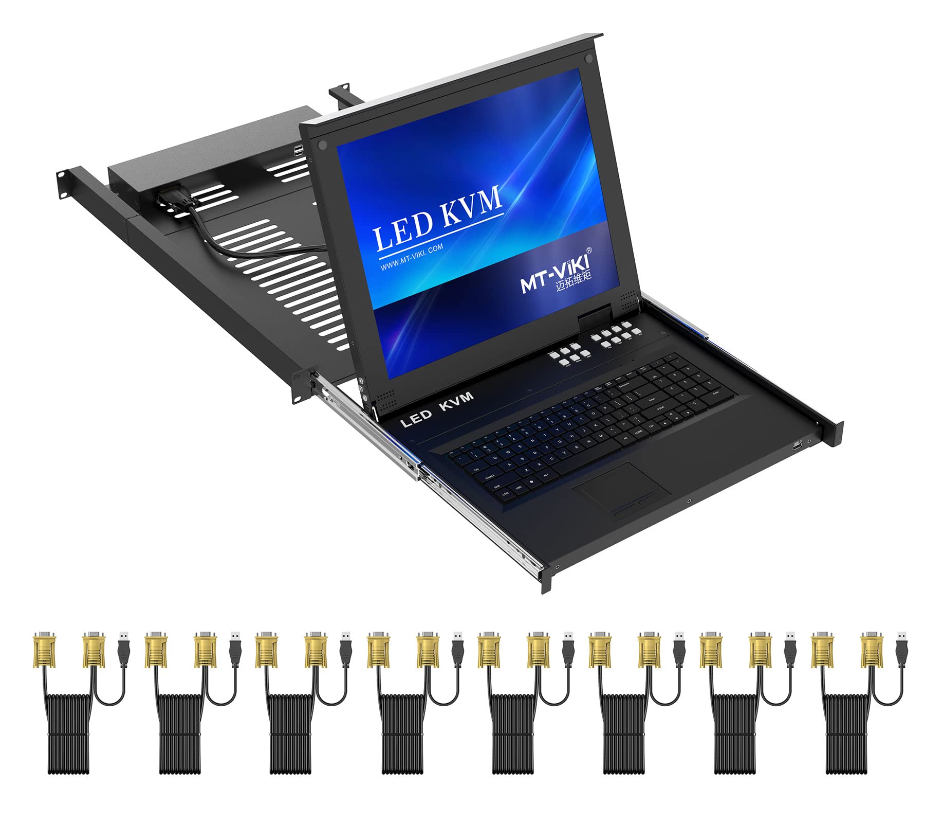 17インチ8ポートVGA KVM切替器、フルHD 1920&times;1080 LCDモニター内蔵、MT-VIKI 1UラックマウントKVMドロワー、KVMケーブル8本付き、ホットキー/OSD切替対応｜Maison Outre