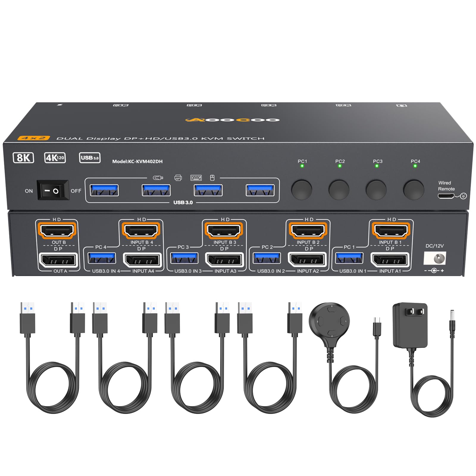 HDMI Displayport USB3.0 KVM切替器 8K@60Hz 4K@144Hz デュアルモニタ 4つのUSBポートKVM切替器 1組のキーボード、マウスで、PC4台、モニター2台共有 手元スイッチ&USBケーブル付|Maison Outre