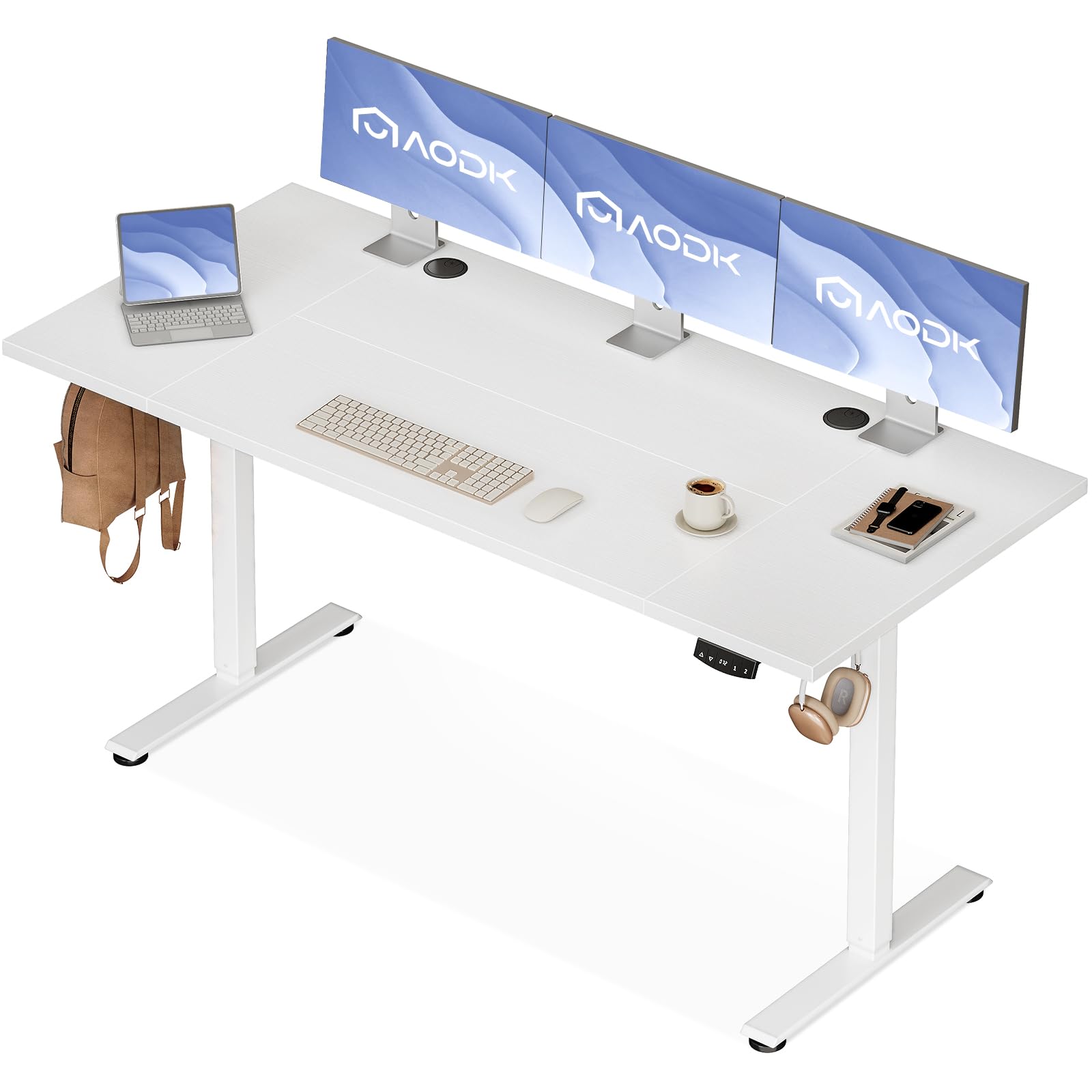 AODK 昇降デスク 電動 昇降式デスク 昇降式 ゲーミングデスク 高さ調節 スタンディングデスク メモリー機能 パソコンデスク 障害検知機能 静音 収納フック 机 耐荷重80kg 作業机 組立簡単 (ホワイト, 幅160)|Maison Outre