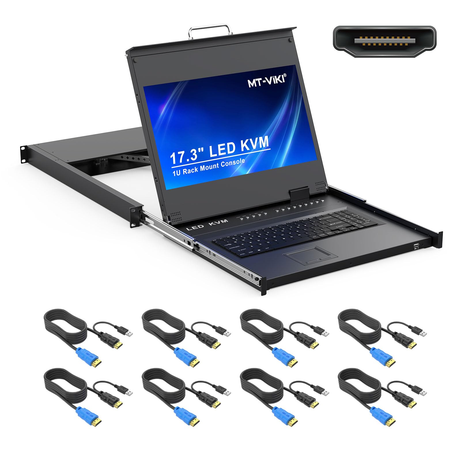 17.3インチ8ポートHDMI KVM切替器、フルHD 1920&times;1080 LCDモニター内蔵、MT-VIKI 1UラックマウントKVMドロワー、KVMケーブル8本付き、ホットキー/OSD切替対応｜Maison Outre