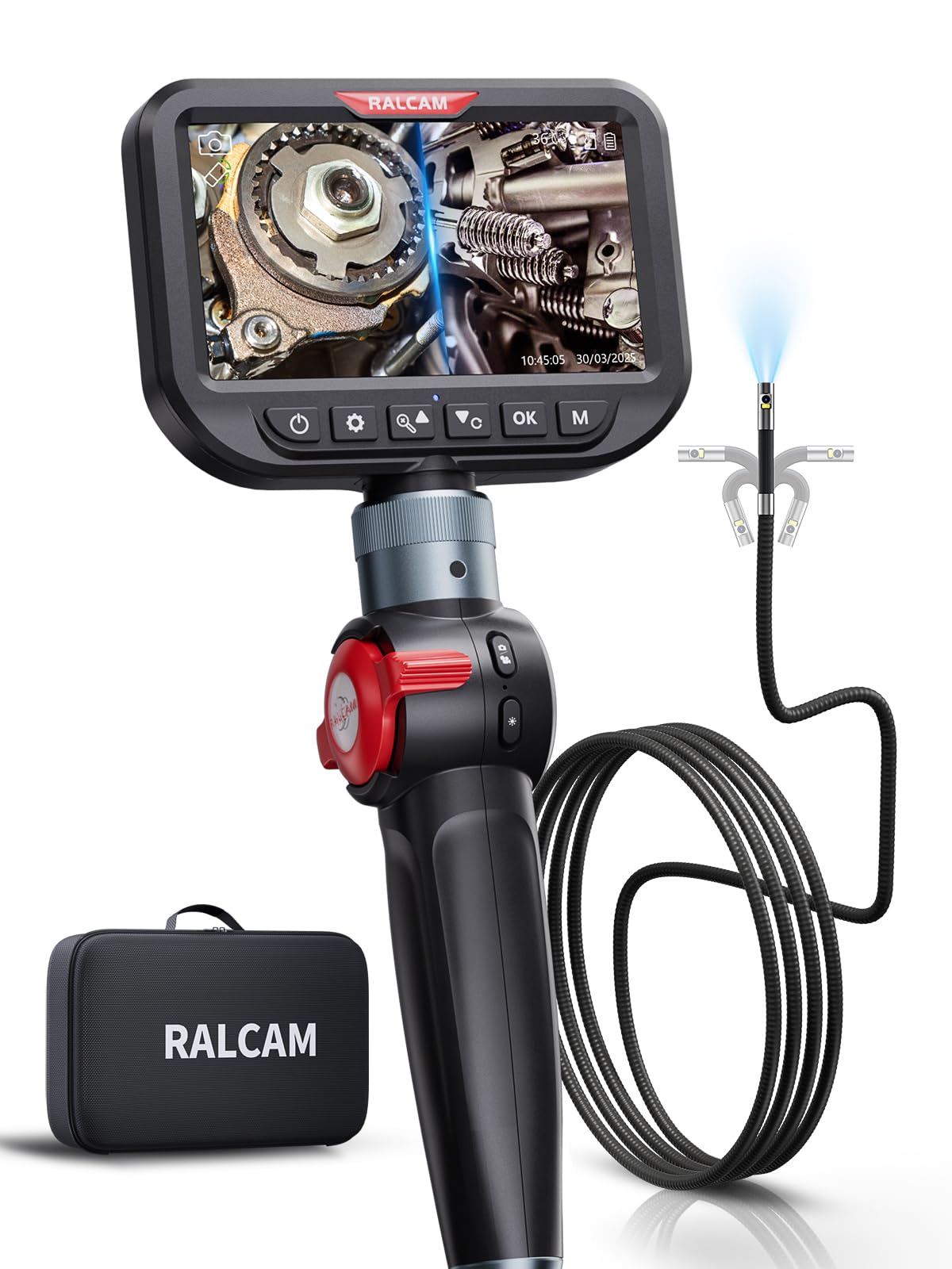 Ralcam ファイバースコープ デュアルカメラ 先端可動式 6.5mm超細径 二方向同時撮影 5インチIPS液晶 暗所対応LED 工業用内視鏡カメラ IP67防水防塵 車検修理用 プロ仕様 日本語対応 (6.5MM-1.5M半剛性ケーブル)