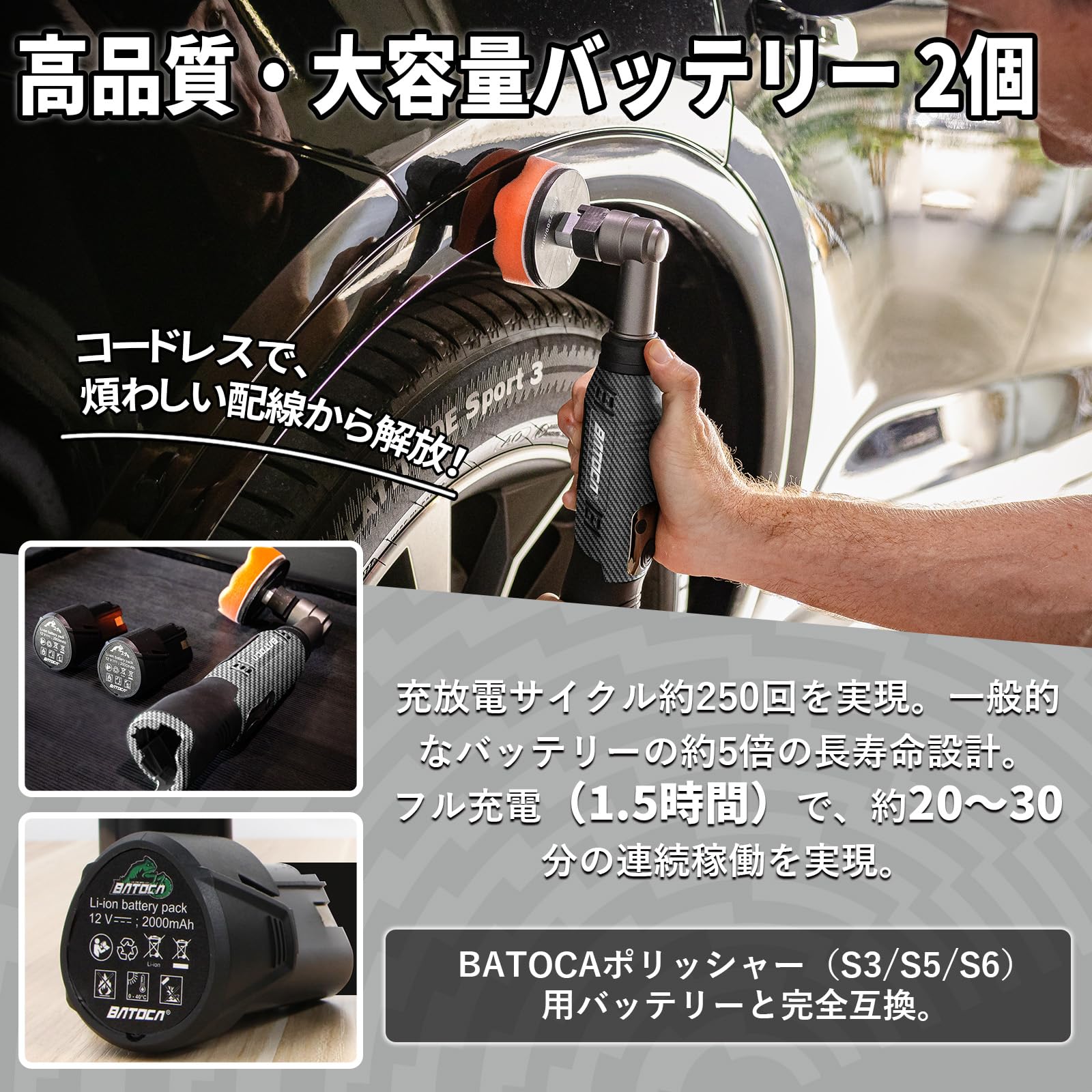 BATOCA S6 ミニポリッシャー コードレス 充電式 ダブルアクション+回転式切替 ハイパワーブラシレスモーター 最高21000rpm 6段階速度調整 30mm/50mm/75mm対応 バッテリー2個 (2.0Ah/S5・S6共通) 車磨き・ヘッドライ|Maison Outre