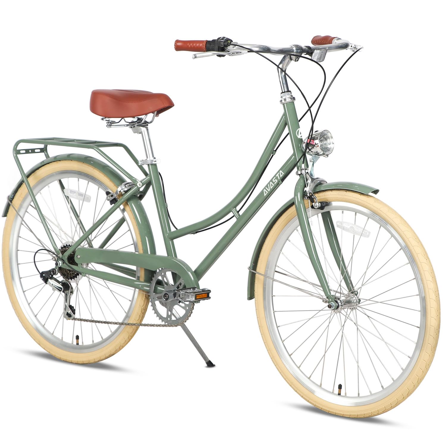 AVASTA(アバスタ)女子自転車26インチ シティーサイクル 高校生大学生通学通勤 リア6段変速ギア・LEDライト・リアキャリア・折り畳み前カゴ 緑色|Maison Outre