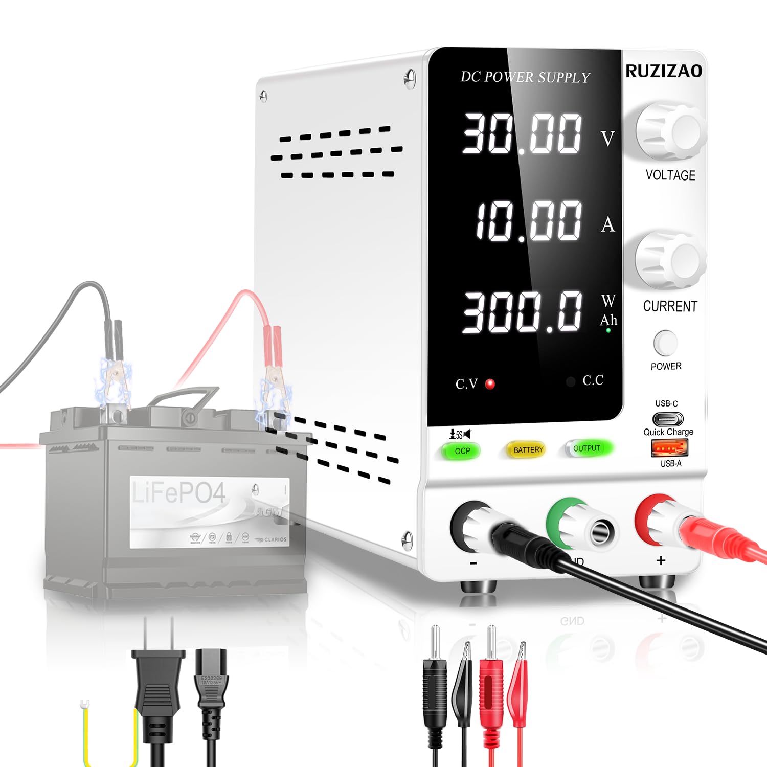 RUZIZAO 安定化電源 30V 10A 4桁電圧電流電力表示 エンコーダ調整 デスクトップ電源 スイッチング電源 6V 12V 24V 電池充電用 可変直流安定化電源 めっき 実験室用直流安定化電源 電気制御機器 バンド出力スイッチ 充電検出 提示音 12,504円