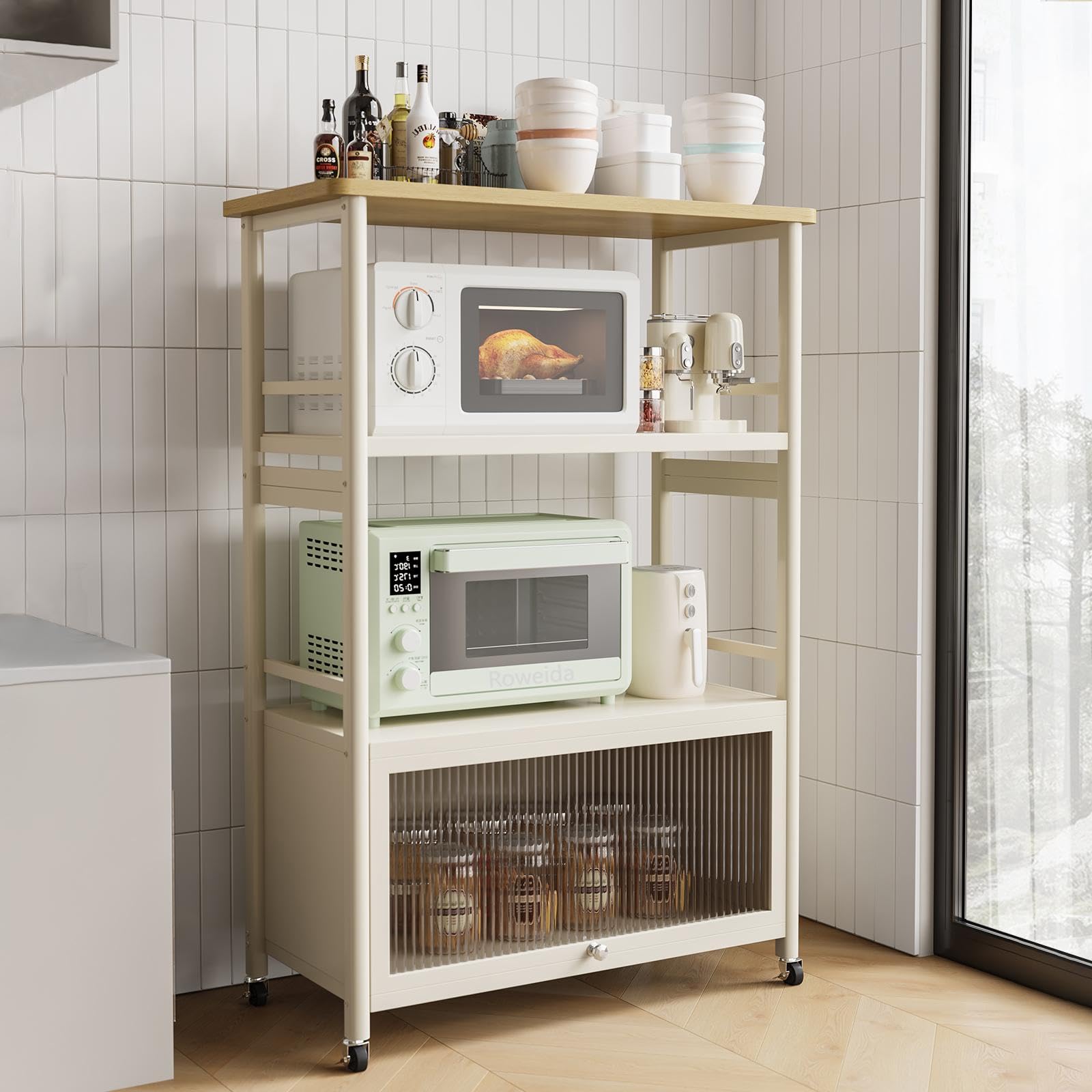 Roweida 食器棚 電子レンジラック キッチンボード 棚 作業台 幅80cm 奥行38cm おしゃれ キッチンキャビネット 炊飯器 棚 扉付き ホワイト 15,424円