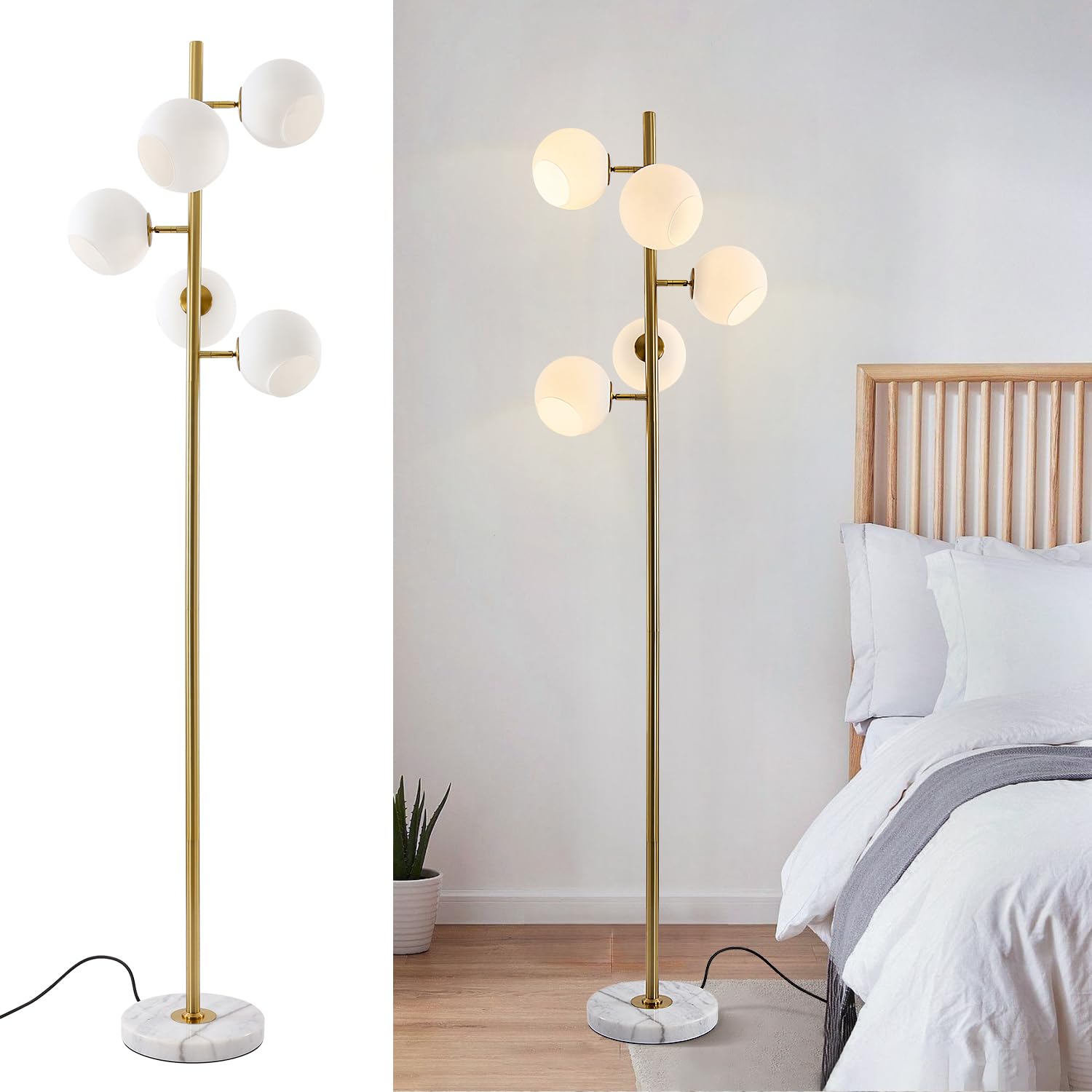 KCO Lighting モダン フロアライト 間接照明 スタンド インテリア 5灯 E26対応 LED 読書ランプ 操作&組立簡単 北欧風 おしゃれ オフィス 寝室 リビング (ゴールド+ホワイト-B) 電球別売り|Maison Outre