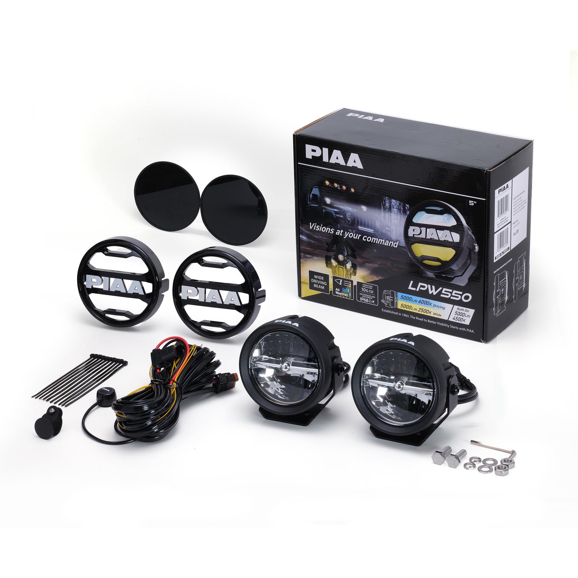 PIAA(ピア) 車用 後付けランプ 丸形 LED 白色_6000K / 黄色_2500K / 同時点灯時_4500K 【LPW550シリーズ】 12V 55W 10000lm ワイド ドライビング イルミ付き防水スイッチ 耐振10G IP68対応 ECE｜Maison Outre