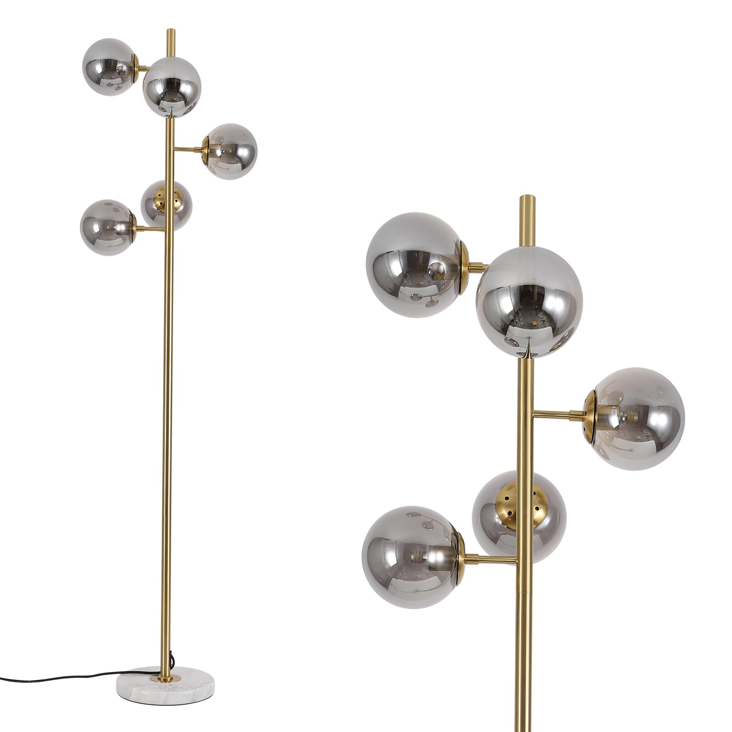 KCO Lighting モダン フロアライト 間接照明 スタンド インテリア 5灯 E26対応 LED 読書ランプ 操作&組立簡単 北欧風 おしゃれ オフィス 寝室 リビング (ゴールド＋スモークグレー) 電球付き