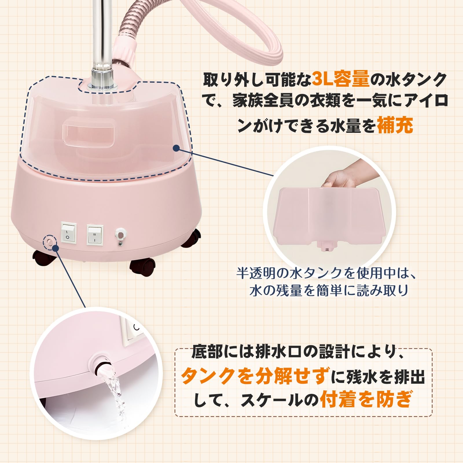 Hapyvergo 衣類スチーマー スチームアイロン 1500W作動 ハンガーにかけたまま 3L大容量タンク 2段階スチーム コード付き 置型 腕が楽 省スペース ハンガーラック付き 日本語取扱説明書 プロ仕様|Maison Outre