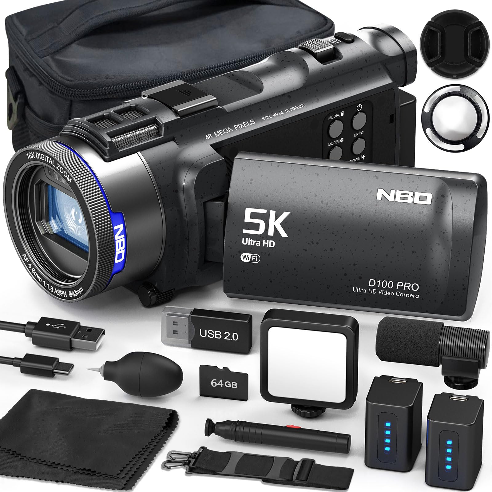 NBD 5K ビデオカメラ 4800万画素 270°回転液晶 オートフォーカス マイク・LEDライト付き WiFi対応 Vlog YouTube 初心者向け (ブラック)|Maison Outre