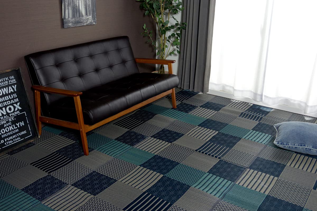 イケヒコ い草花ござカーペット DX京刺子 ブルー 261×352cm・江戸間6畳 4114206