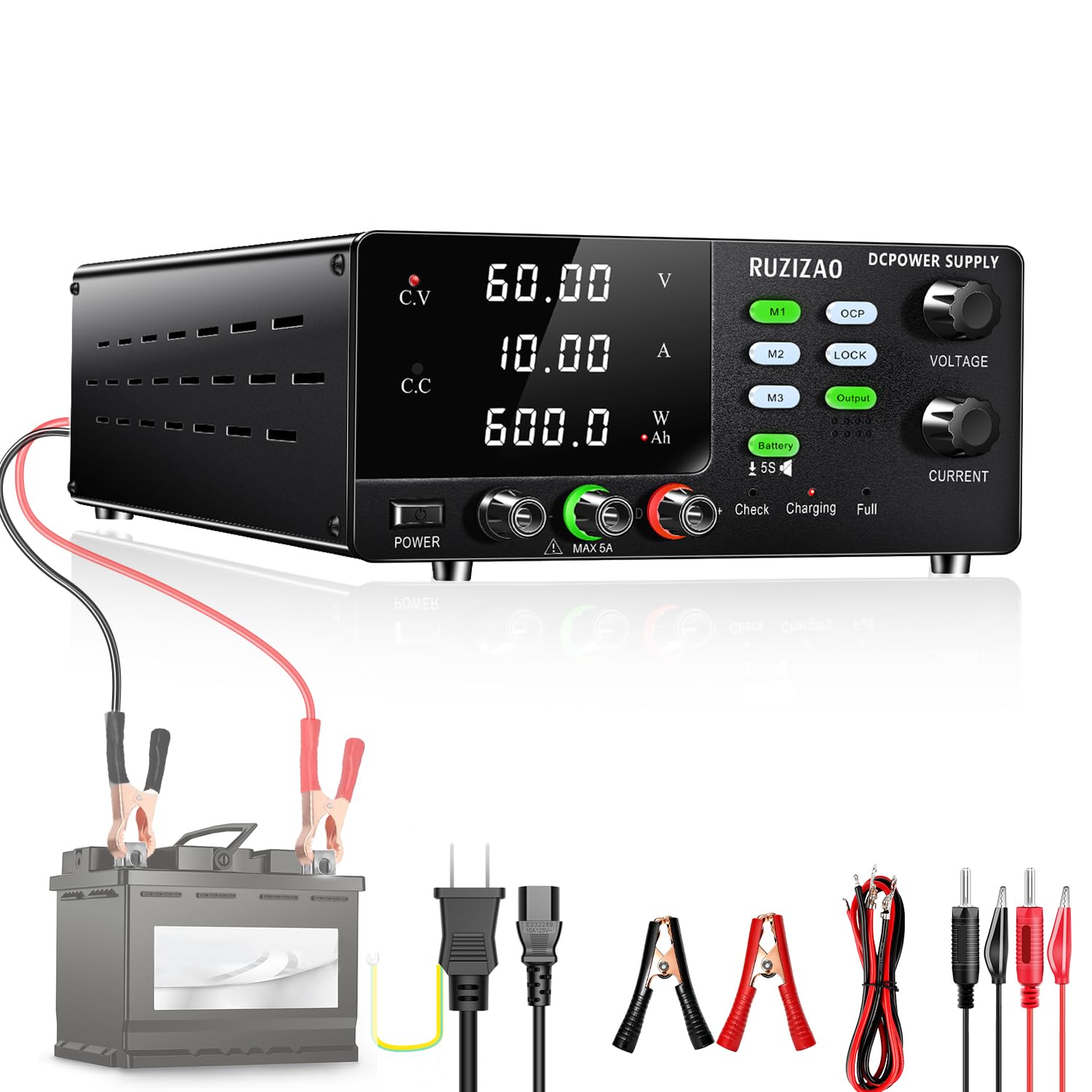 RUZIZAO 安定化電源 60V 10A 600W 大電力 可変直流安定化電源 4桁電圧電流電力表示 エンコーダ付き ボタン 6V 12V 24V 36V 48V 60V 電池充電用 スイッチング電源 DC 電気制御機器 実験室用 直流実験室電源 テープ|Maison Outre