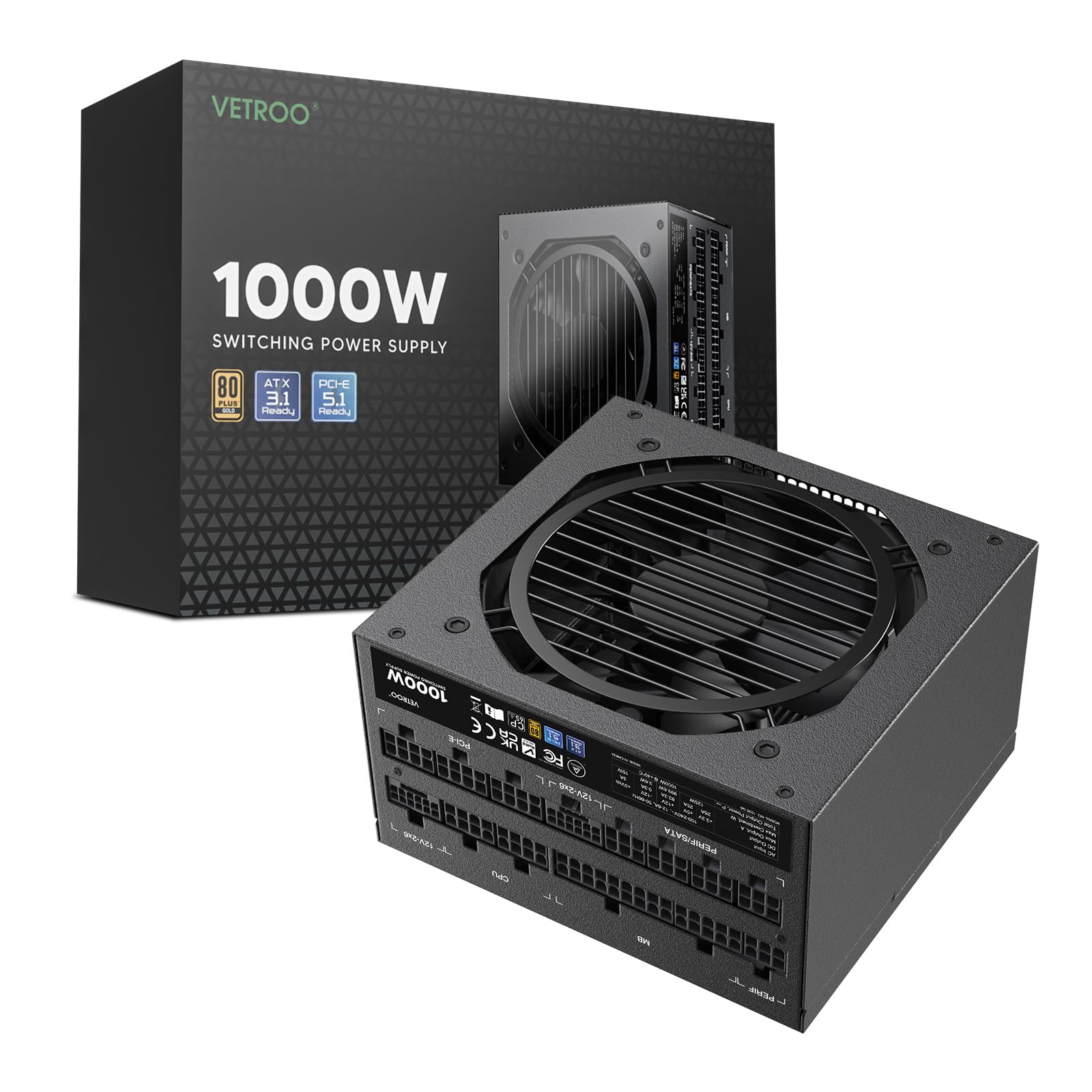Vetroo 1000W電源ATX 3.0 ReadyダブルPCIe 5.0, 80 Plus Goldフルモジュラー、コンパクトサイズ、日本105℃コンデンサ、エコモード120mm FDBファン、10年保証、ゲームPCなどに対応 (Black)|Maison Outre