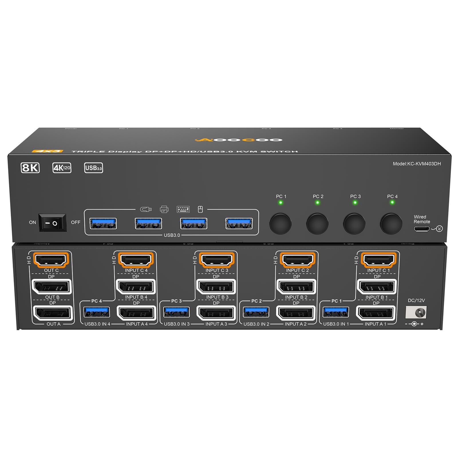 8K KVM切替器 4PC 3モニター、ミラー/拡張モード HDMI + DPポート (8K@30Hz/4k@144Hz) USB3.0ポート KVM Switch PC4台とディスプレイ3台対応 キーボード、マウスを4PCで共有 ドライバー不要 手元スイ|Maison Outre