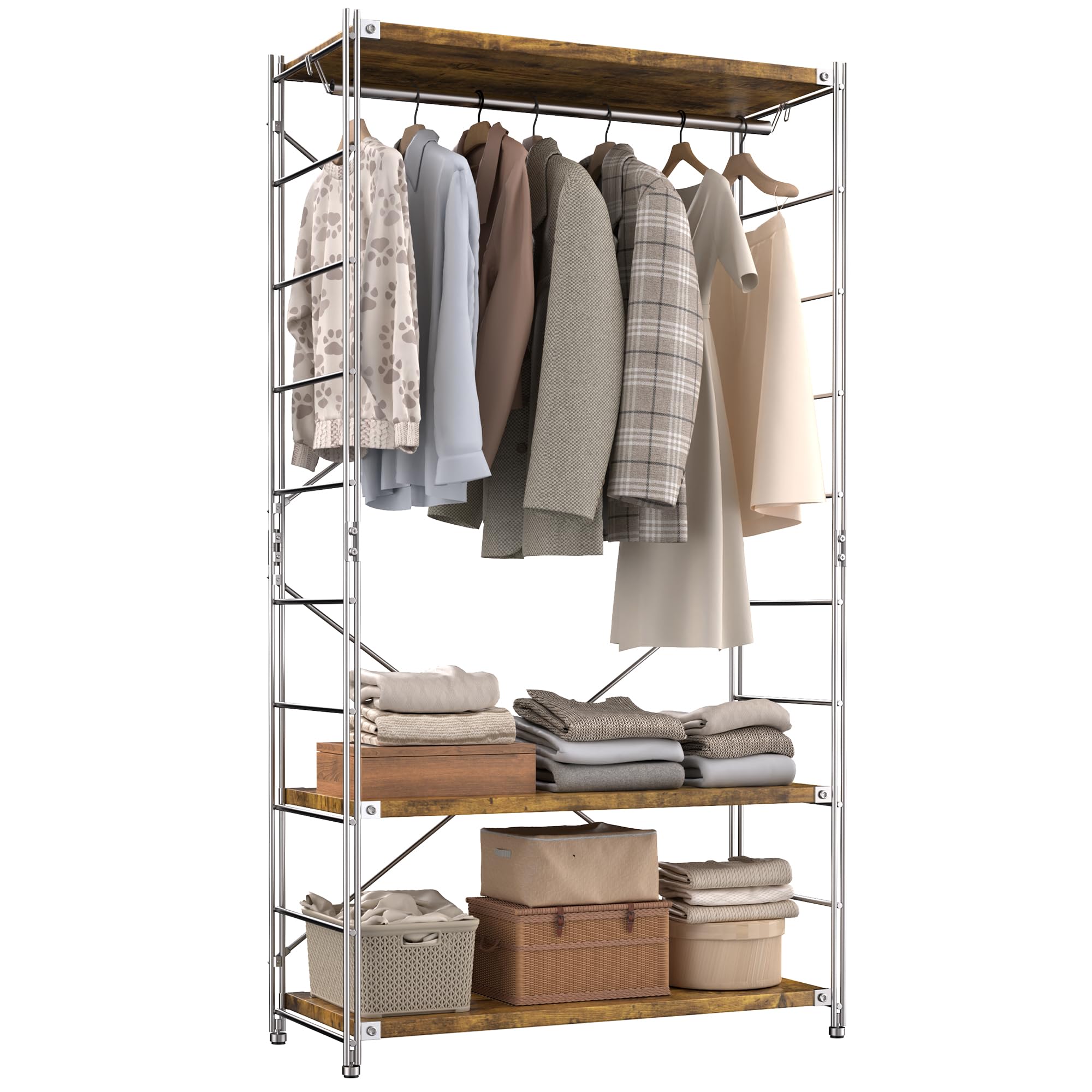 HOMNITURE ハンガーラック - 頑丈で耐久性があり、強力な耐荷重 | 大容量 3段 服 収納 洋服ラック | 家庭、オフィス、店舗に最適 | 大人と子供の衣類収納ニーズを完璧に満たします、幅86×奥行41×高さ190cm、スモークカラー|Maison Outre