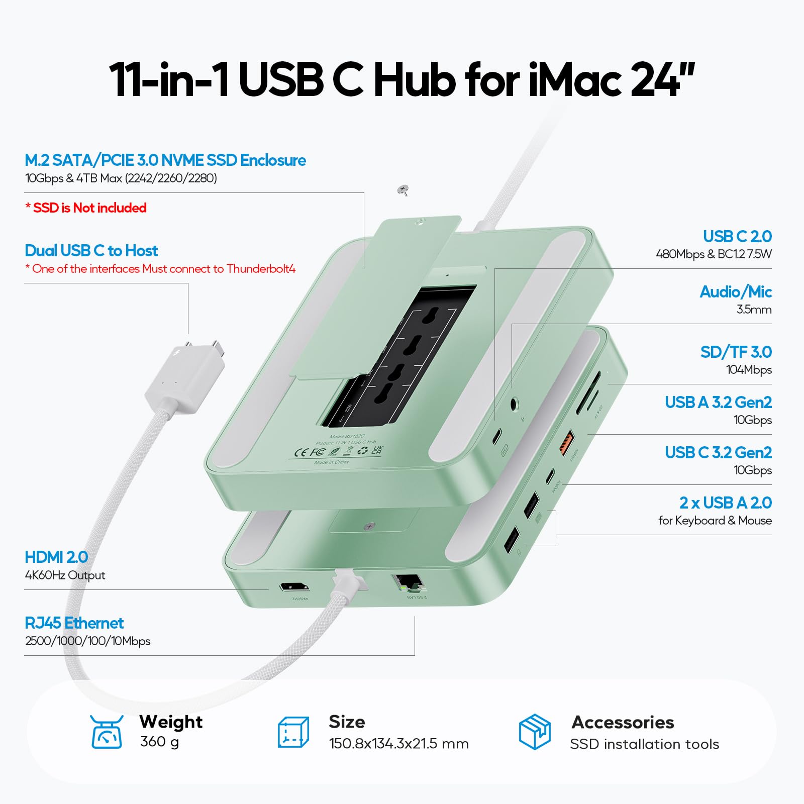 PULWTOP 11 in 1 USB C ハブ iMac 24インチ 2021 2023 2024用 iMac M1 M3 M4 アクセサリー USB Hub ハブ HDMI 4K, 2.5G イーサネット, M.2 SSD拡張 (SSD含まない), U｜Maison Outre