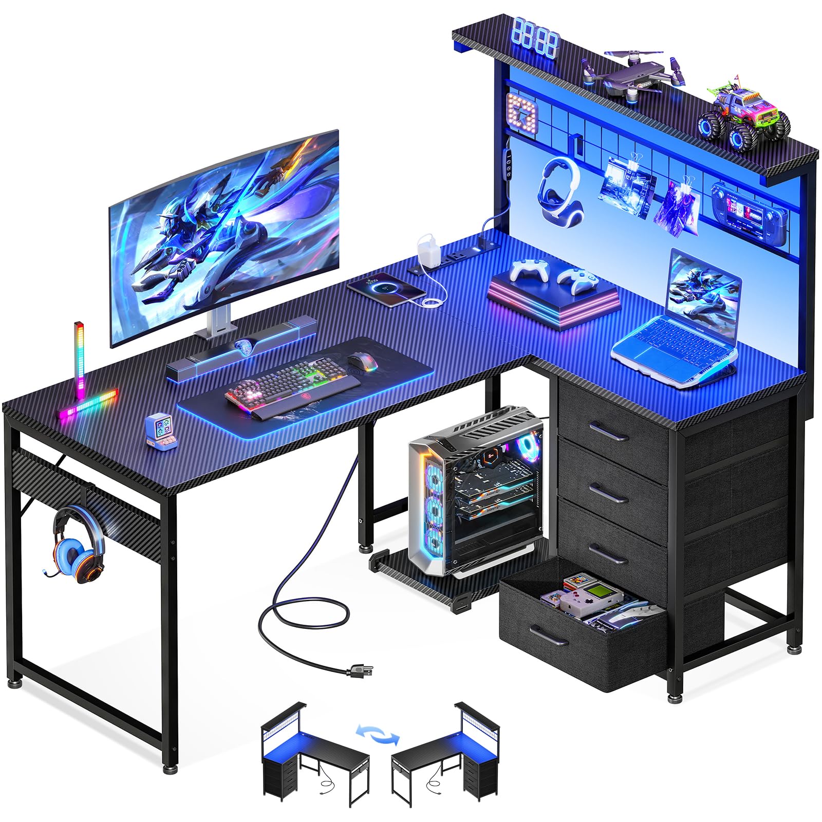 AODK ゲーミングデスク 引き出し4杯 パソコンデスク コンセント付き l字デスク RGB ゲーミングテーブル デスク 幅130 机 pcデスク勉強机 収納 ワーク オフィスデスク 仕事用 在宅勤務 desk 組立簡単 カーボンブラック|Maison Outre
